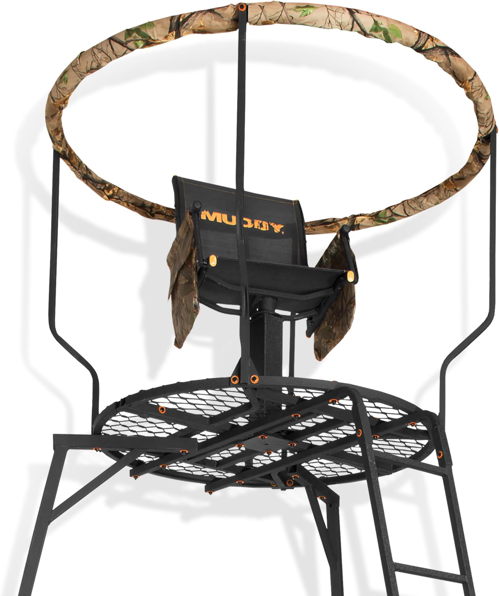 Muddy 1-Person Liberty Steel Tripod Hunting Stand, 16 ft Tall, 300 lb Capacity - Heavy-Duty with Flex-Tex 360 Swivel Seat, Extra-Wide Shooting Rail, Adjustable Legs and Detachable Gear Bags