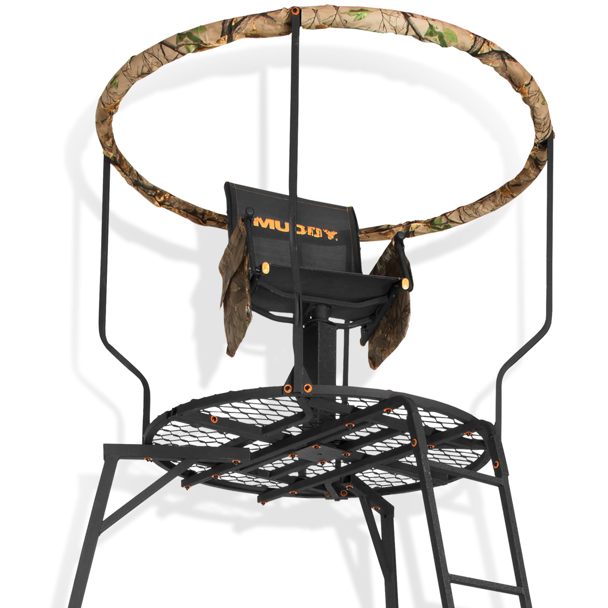 Muddy 1-Person Liberty Steel Tripod Hunting Stand, 16 ft Tall, 300 lb Capacity - Heavy-Duty with Flex-Tex 360 Swivel Seat, Extra-Wide Shooting Rail, Adjustable Legs and Detachable Gear Bags