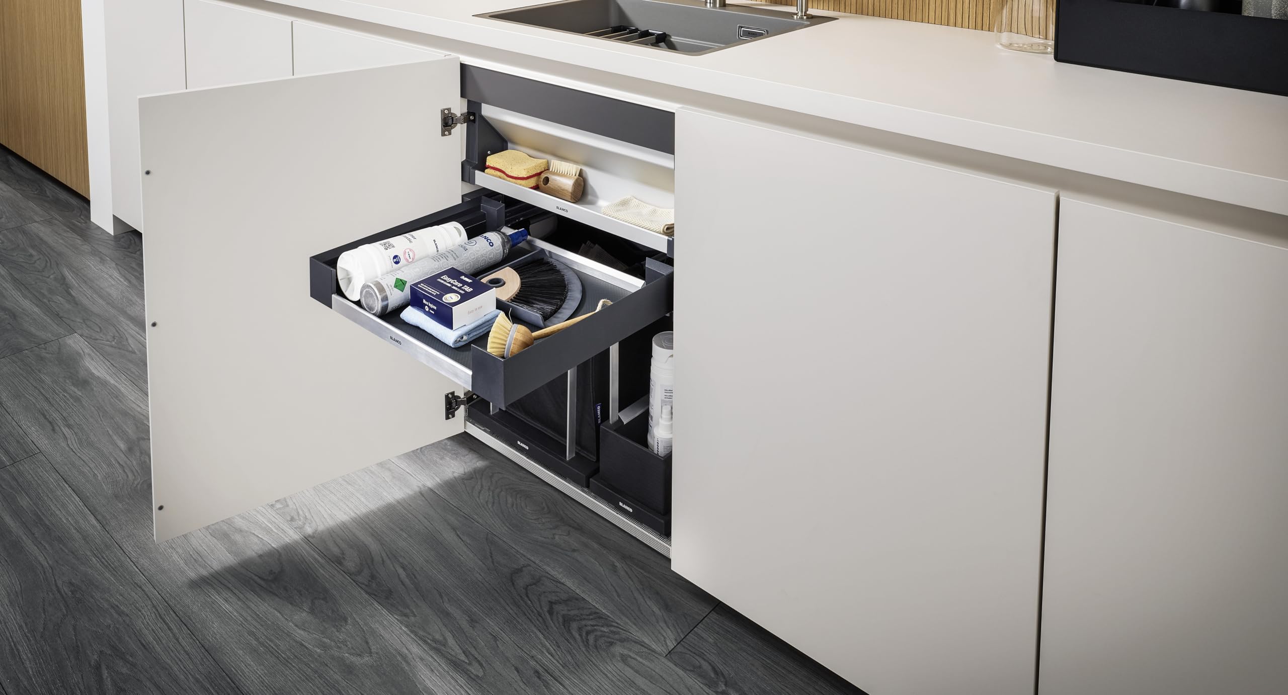 BLANCO Flat Drawer 60 - Puerta giratoria (plástico, aluminio, chapa de acero, armario inferior de 60 unidades, almacenamiento de accesorios para fregadero, utensilios de limpieza, rollos de bolsas de