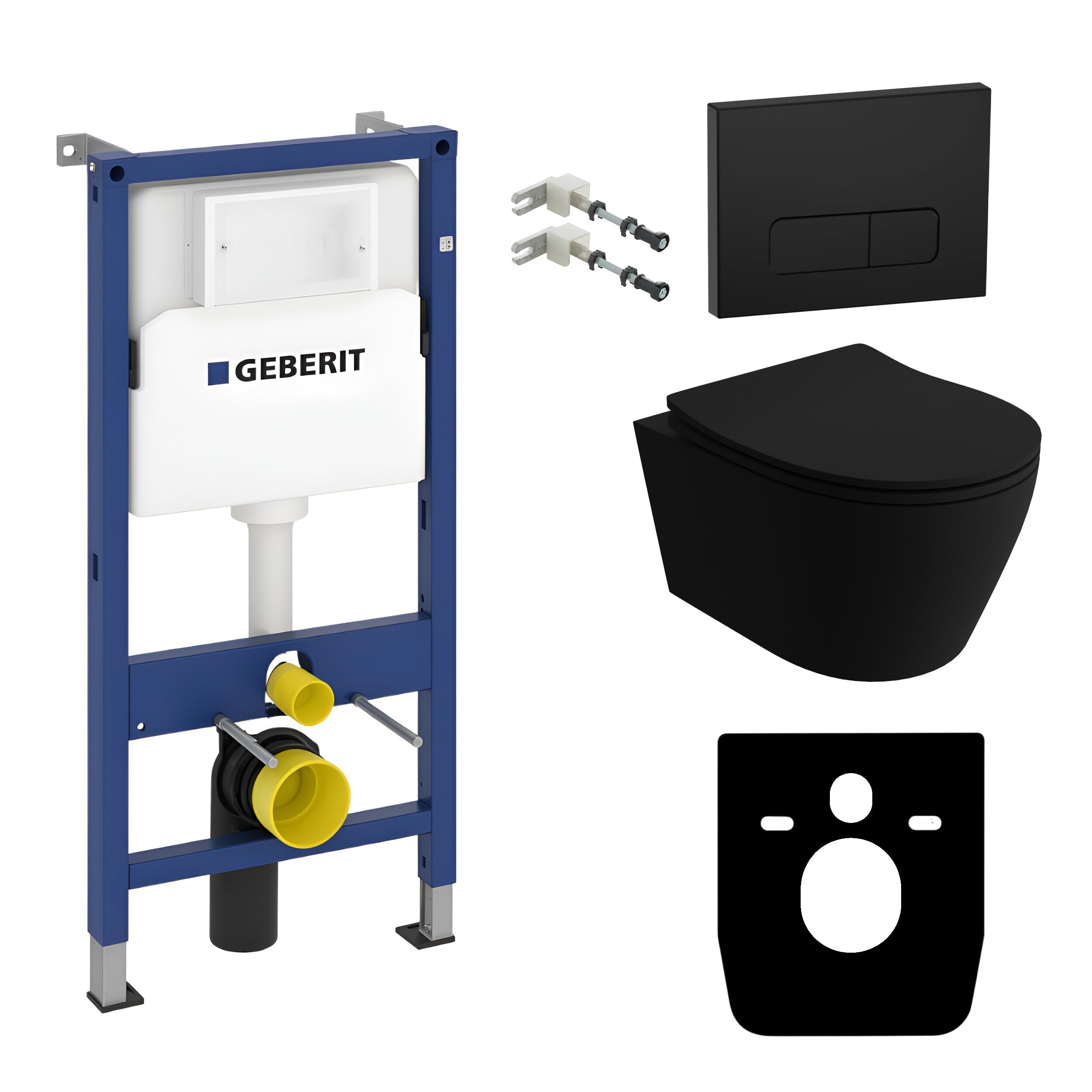 Lavita Duofix Basic Elemento de pared + Inodoro de descarga profunda Brava Negro Sin reborde + Asiento de inodoro con cierre automático + negro Juego completo Cisterna empotrada Inodoro WC