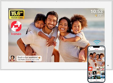 15.6  FRAMEO Digital Photo Frame WiFi Digital Picture Frame with 32GB Storage 1920x1080FHD IPS Touch Screen Share photos & videos remotely via the Frameo app,Wall Mountable for Family
