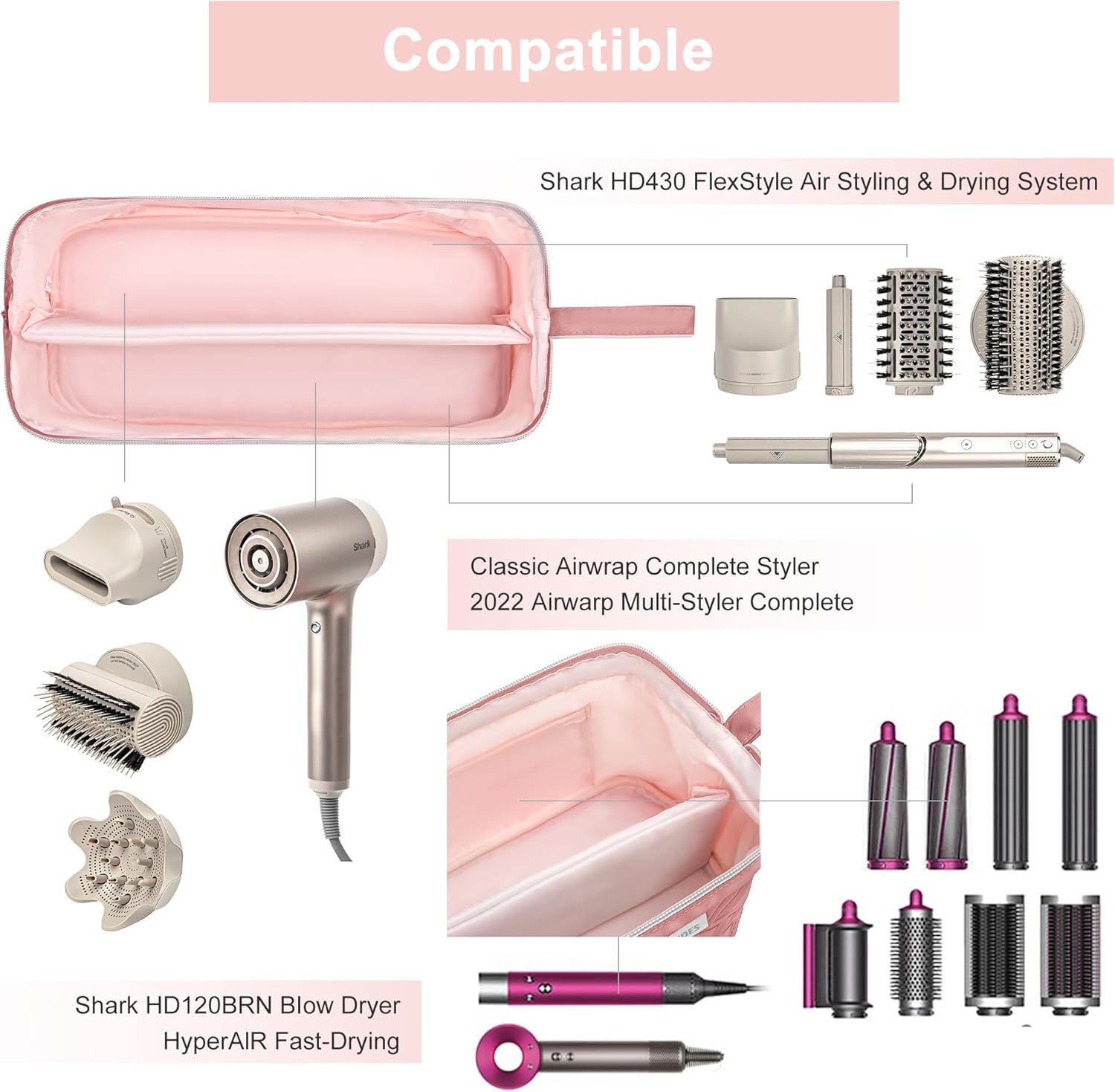 Leudes Hair Tools Travel Bag for Shark Flexstyle Carrying Case Portable Shark Hair Air Wrap Dryer Case Waterproof Dustproof Flat Curling Iron Travel Organizer (Dark Pink) - Image 4