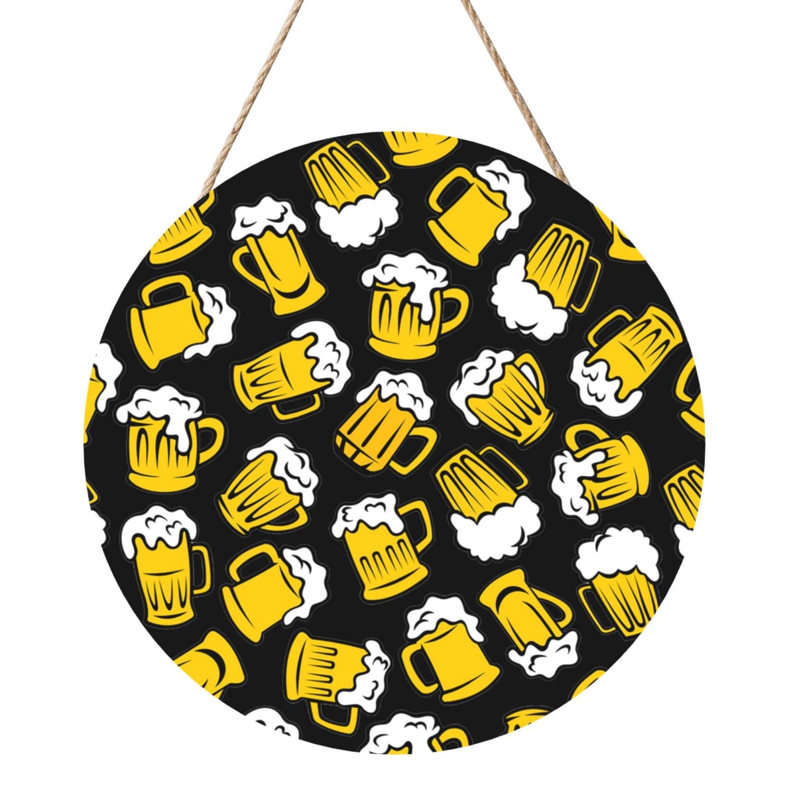 InOmak Retro Cartoon Beer, Round Wood Panel Painting 12 in, Wall Hanging Painting For Home