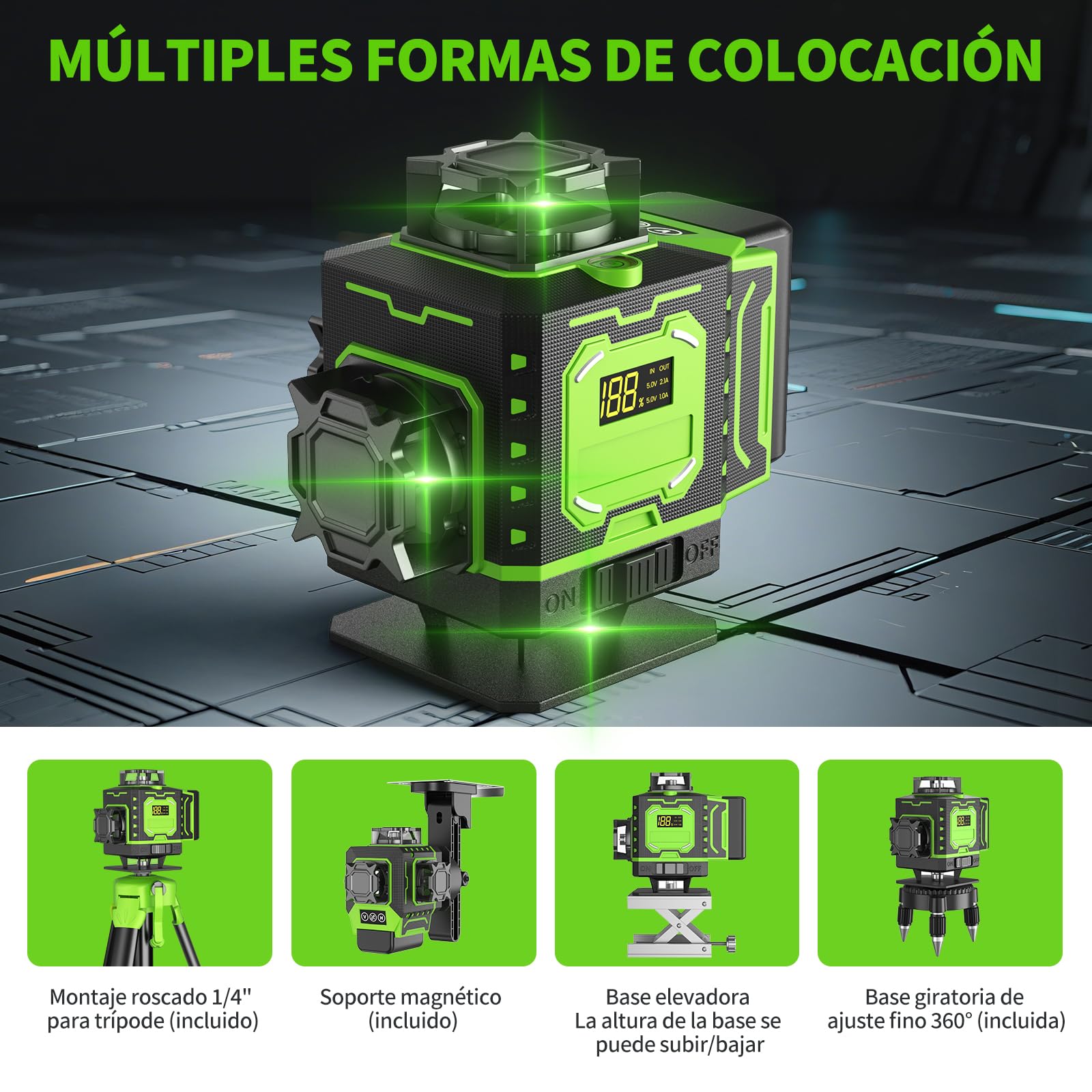 Niveau Laser Chantier Autonivelant 360° x 4 Avec trépied, Lazer Niveaux 4D 16 Lignes Laser, Mode Impulsion ExtéRieur, 2 x Batterie, Nivellement Automatique, Support Rotatif, Télécommande