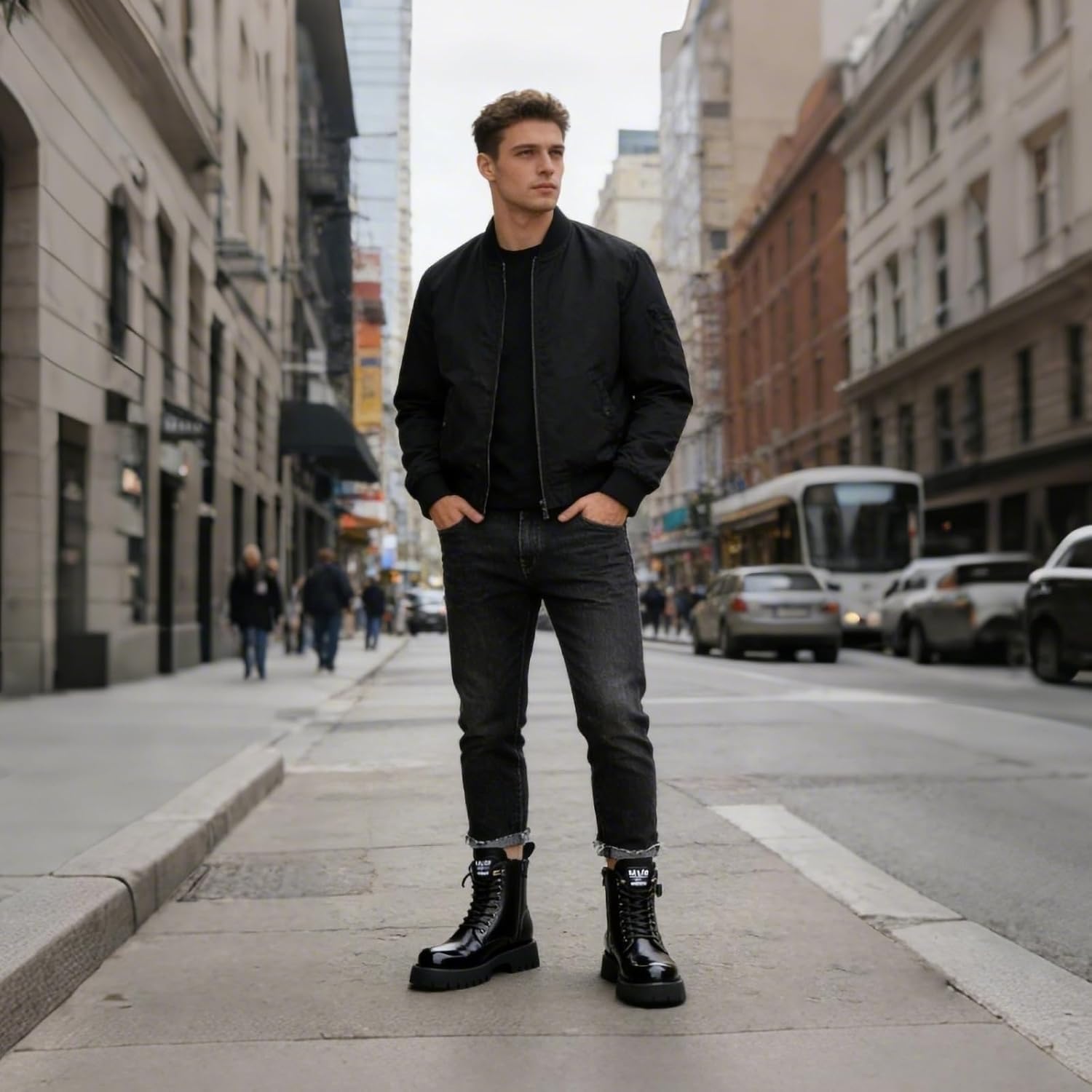 Men's Chunky Platform Motorcycle Combat Boots with Lace-Up Fashion Leather Side Zipper Non-Slip Lug Sole Comfortable Chukka Ankle Booties Waterproof High-Top Biker Boots