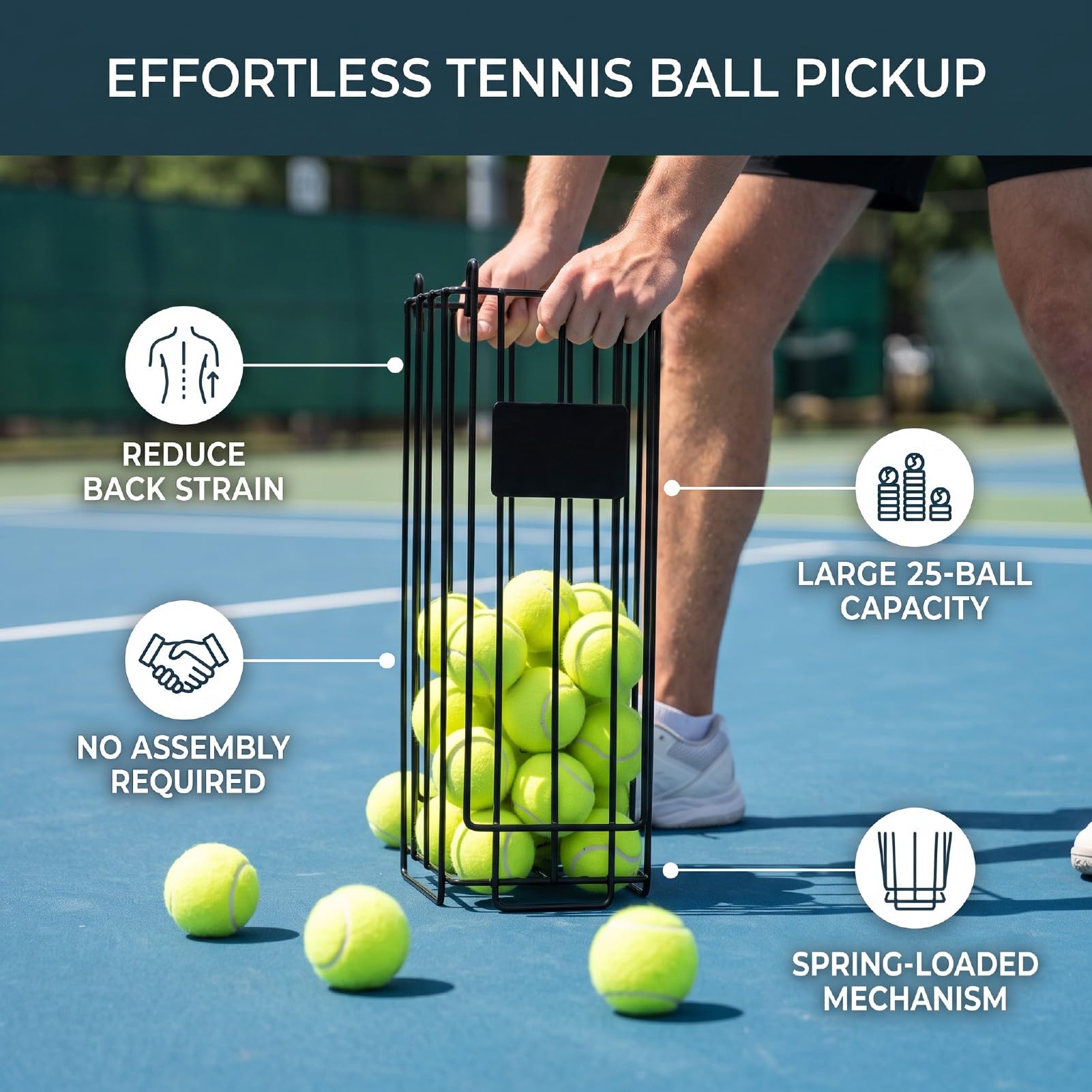 banapoy Cestino Raccoglitore Portatile per Palline da Tennis, Raccolta | Può Contenere Fino a 25 Palline, Raccolta Rapida, Raccolta a Molla, Raccoglitore di Palline con Manico Lungo per