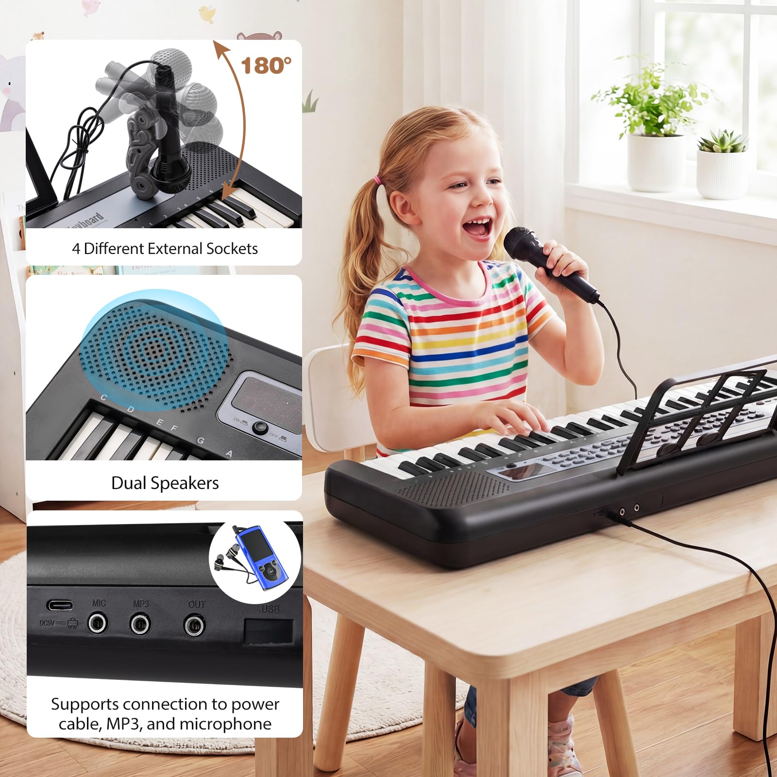 KOMFOTTEU Teclado Electrónico de 61 Teclas, Piano Digital con 200 Tonos, 200 Ritmos, Soporte Ajustable, Micrófono y Atril, Teclado Musical para Niños de 3+ Años (Negro)