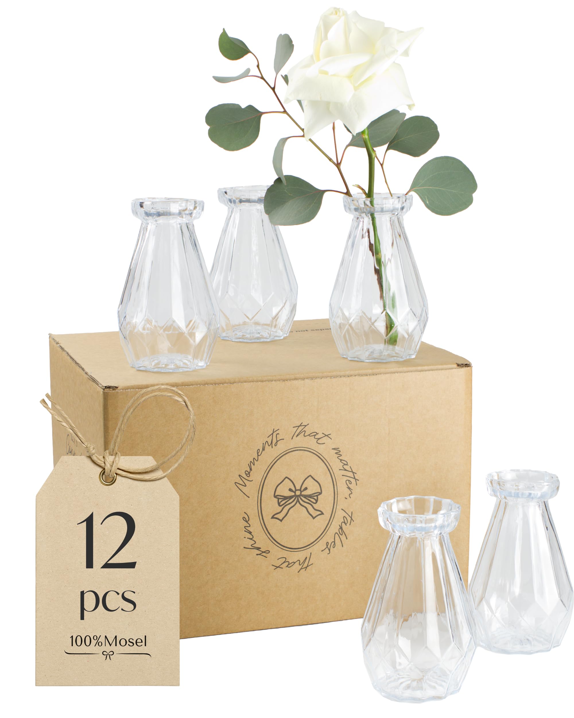 100% Mosel Vases en Verre, Lot de 12 (14,5 cm x 8,9 cm) | Petits Vases Transparents Design Diamant – Vases de Table pour Mariage, Baptême, Communion & Anniversaire