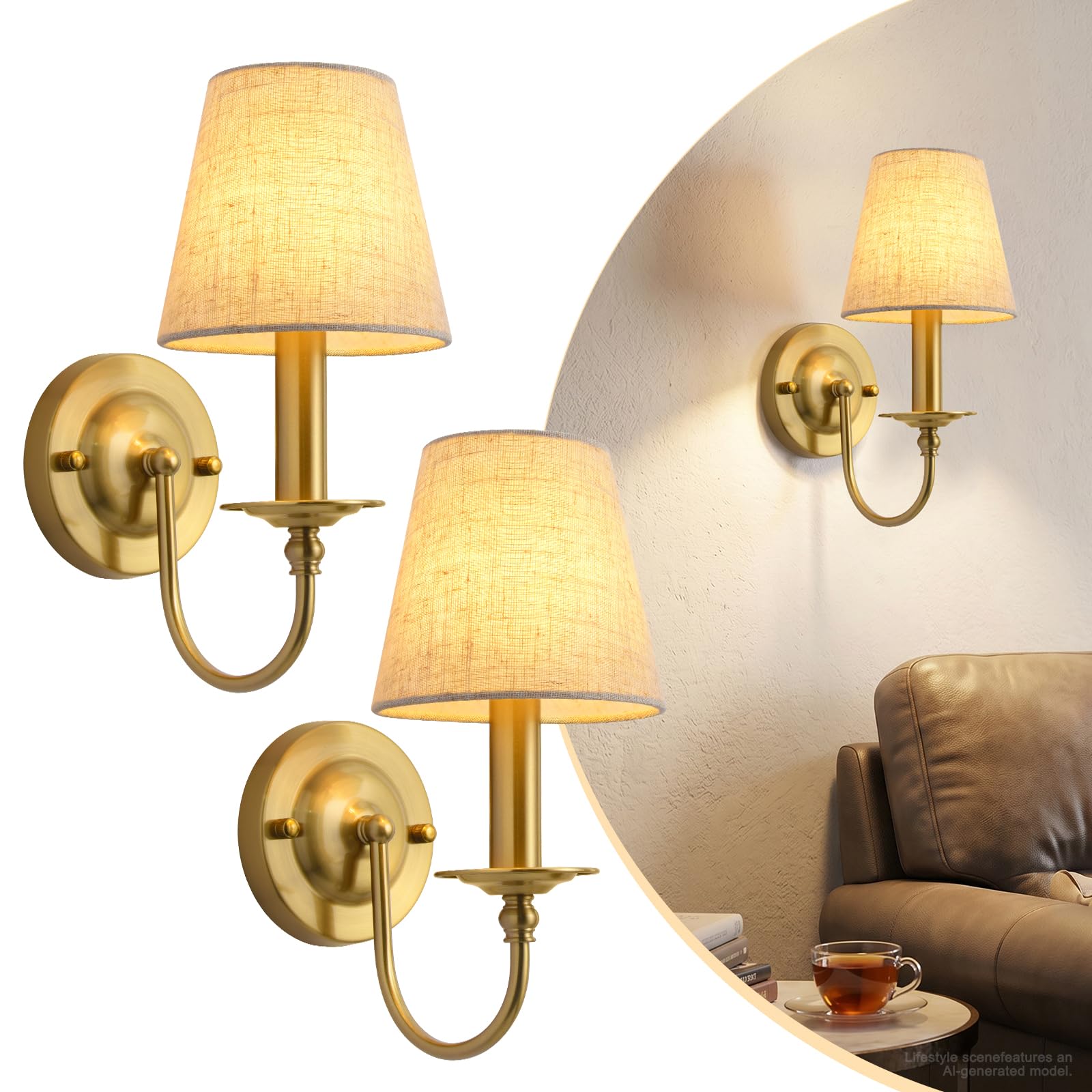 Gold Wall Lights Indoor, Set of 2, Fabric Shade, Modern, Hardwired, E14
