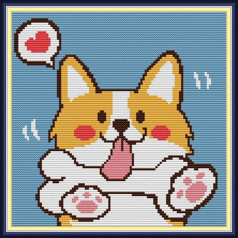 14 CT Cross Stitch Kits for Beginners Cartoon Corgi Printed Stamped Cross-Stitch Supplies Needlework Printed Embroidery Kits DIY Kits Needlepoint Starter Kits 25×25cm