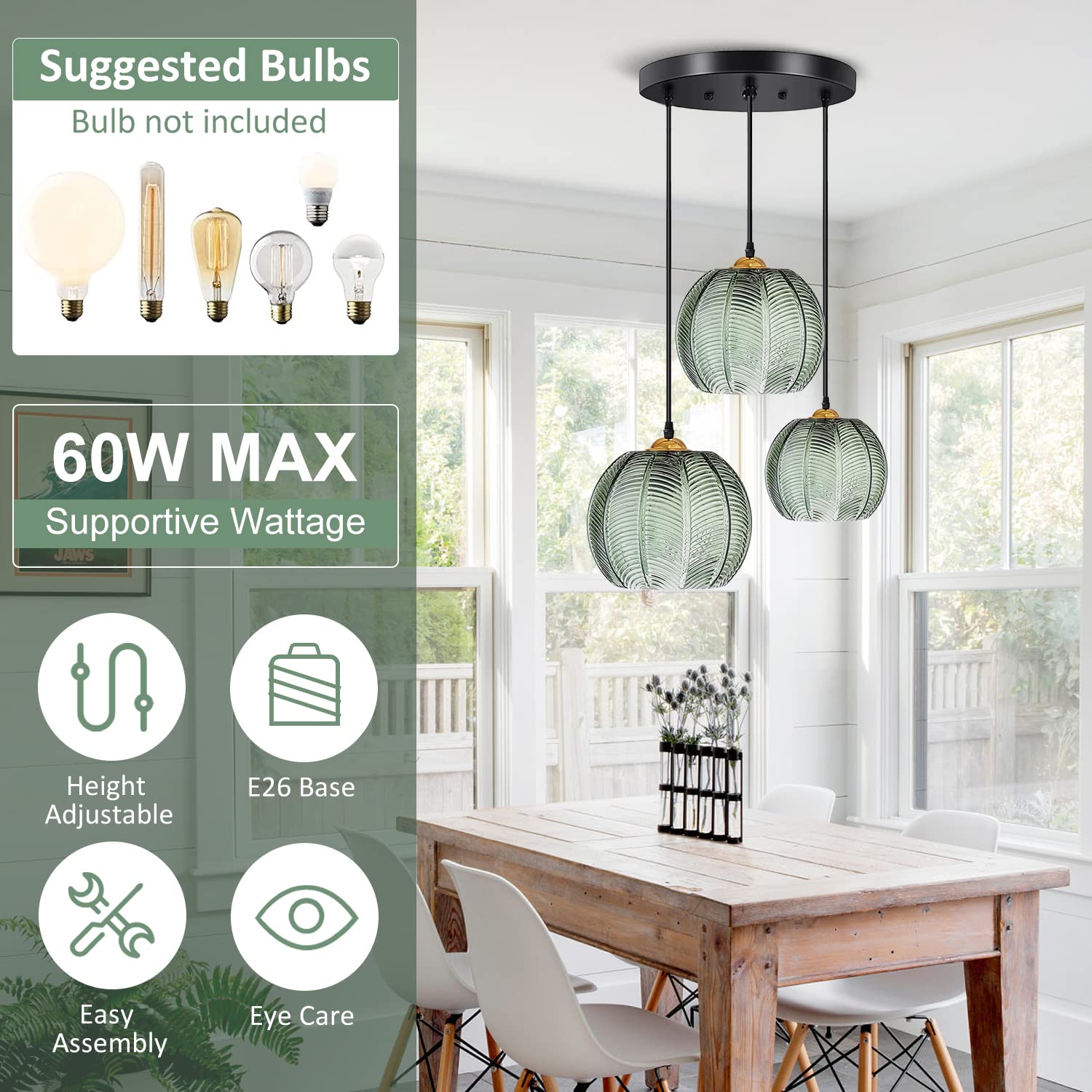 Genérico Lámpara De Araña De Cristal Verde, Tres Bombillas E27, Altura Regulable hasta 150 Cm, Estilo Nórdico Moderno, Adecuada para El Comedor Y El Salón (3-Flame)