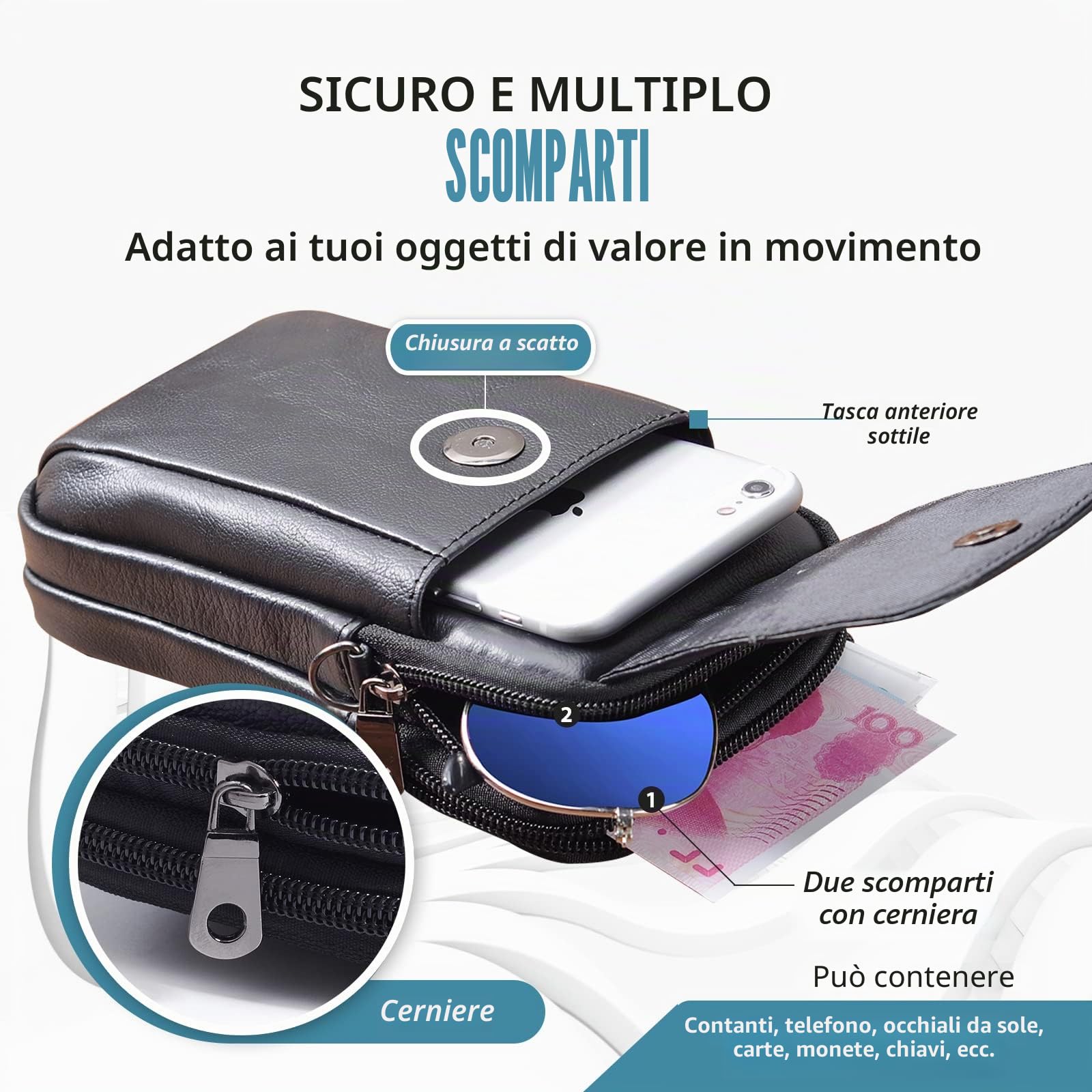 Borsa a Tracolla per Telefono Cellulare con Cinturino, Marsupio per Uomo, Porta Smartphone in Vera Pelle, Borsellino Portafoglio da Viaggio, Piccolo Marsupio con Chiave per Carta Fionda