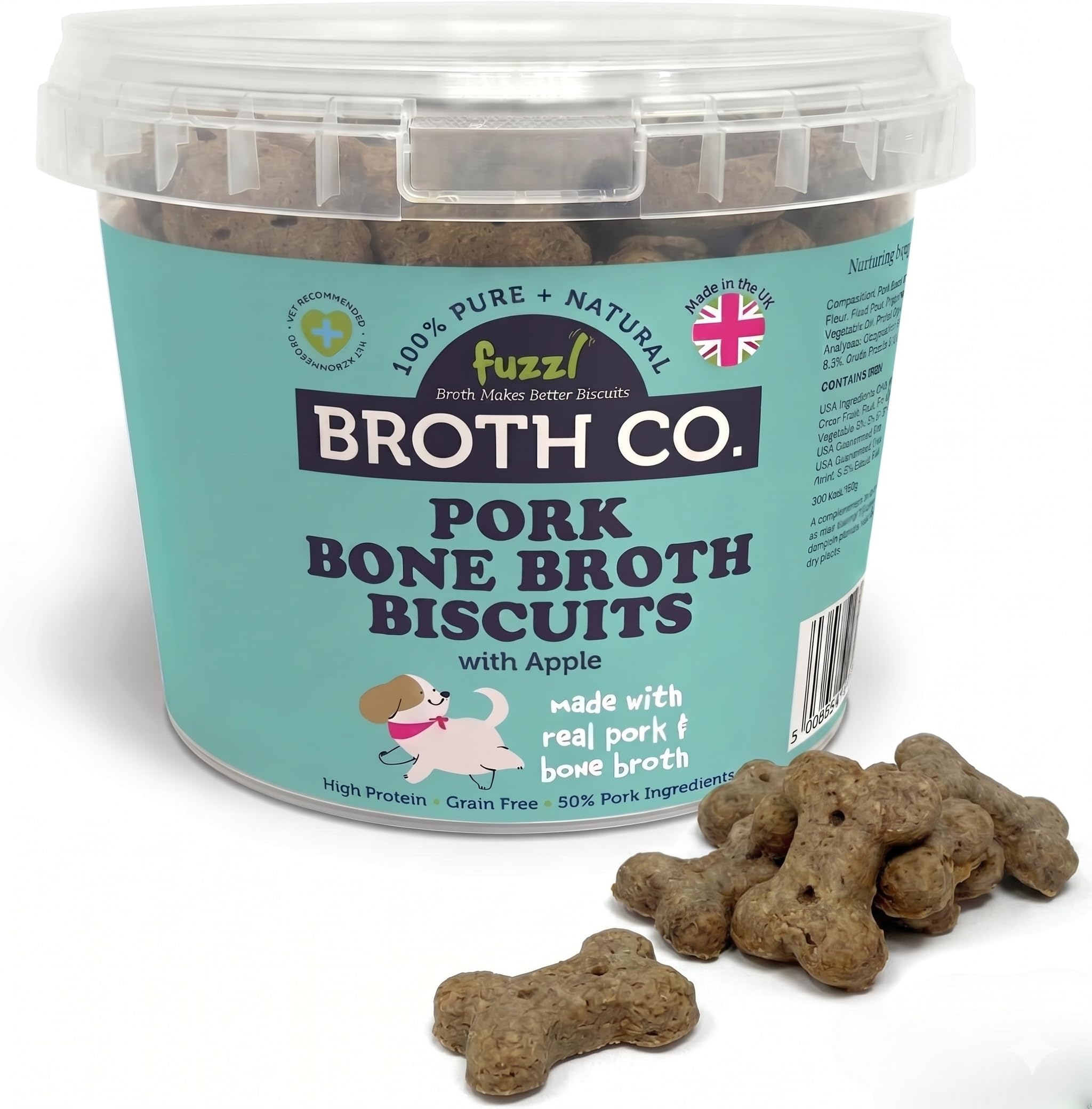 Fuzzl Broth Co. Pork Bone Broth Dog Treats with Apple - 1kg (2.2l Tub) - Grain Free, High Protein Biscuits - All Natural, Gently Baked Savory Snacks - 50% Pork Ingredients