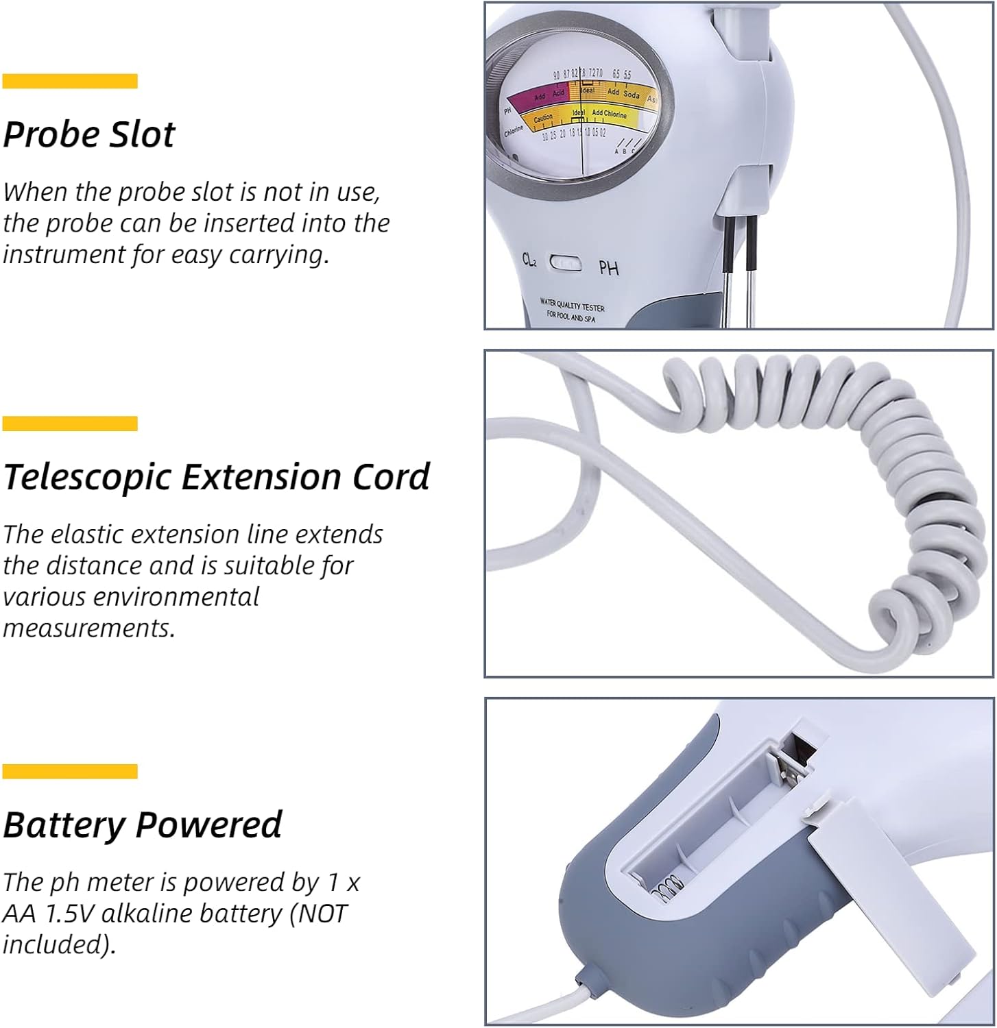 Close-up of the meter showing probe slot, telescopic extension cord, and battery compartment