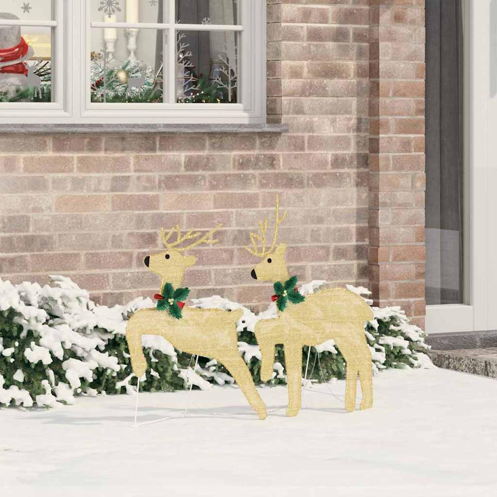 Gecheer LED Rentier Deko 2er Set, Stoff Figur mit warmweißem Licht USB betrieben Art Déco Design, 65cm und 58cm hoch for Wohnzimmer Garten Weihnachtsdekoration