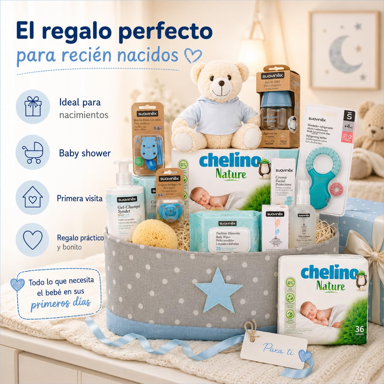 Canastilla Bebé Recién Nacido Suavinex Fantasy | Cesta Bebé Regalo con Productos para Recién Nacido | Incluye Peluche, Biberón, Chupete, Mordedor, Gel Champú, Loción, Crema y Pañales (Azul)