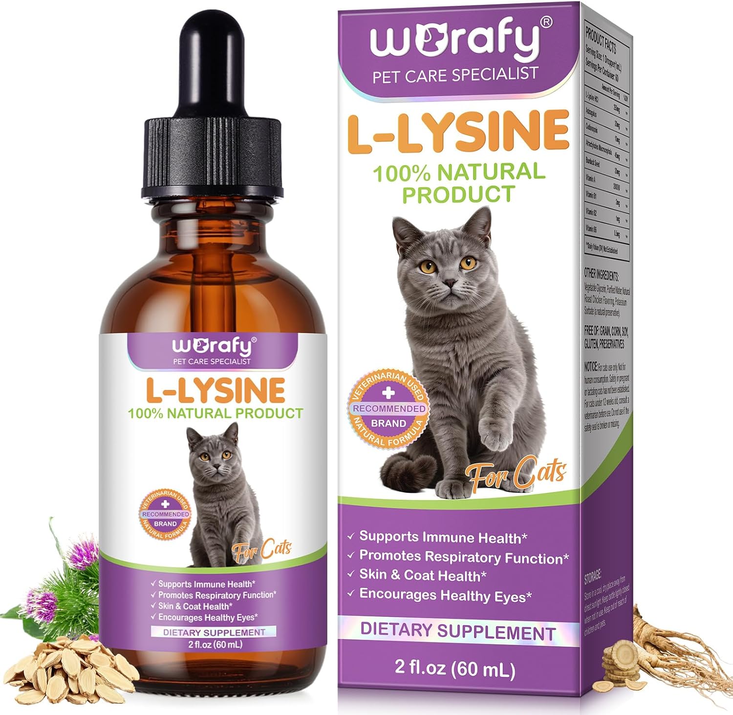 L-Lysine Drops for Cats 60ml – Natural Support for Eye & Respiratory Health | Chicken Flavor | Grain-Free & Gluten-Free | with Herbal Extracts & Vitamins | for Tear Stains & Sneezing