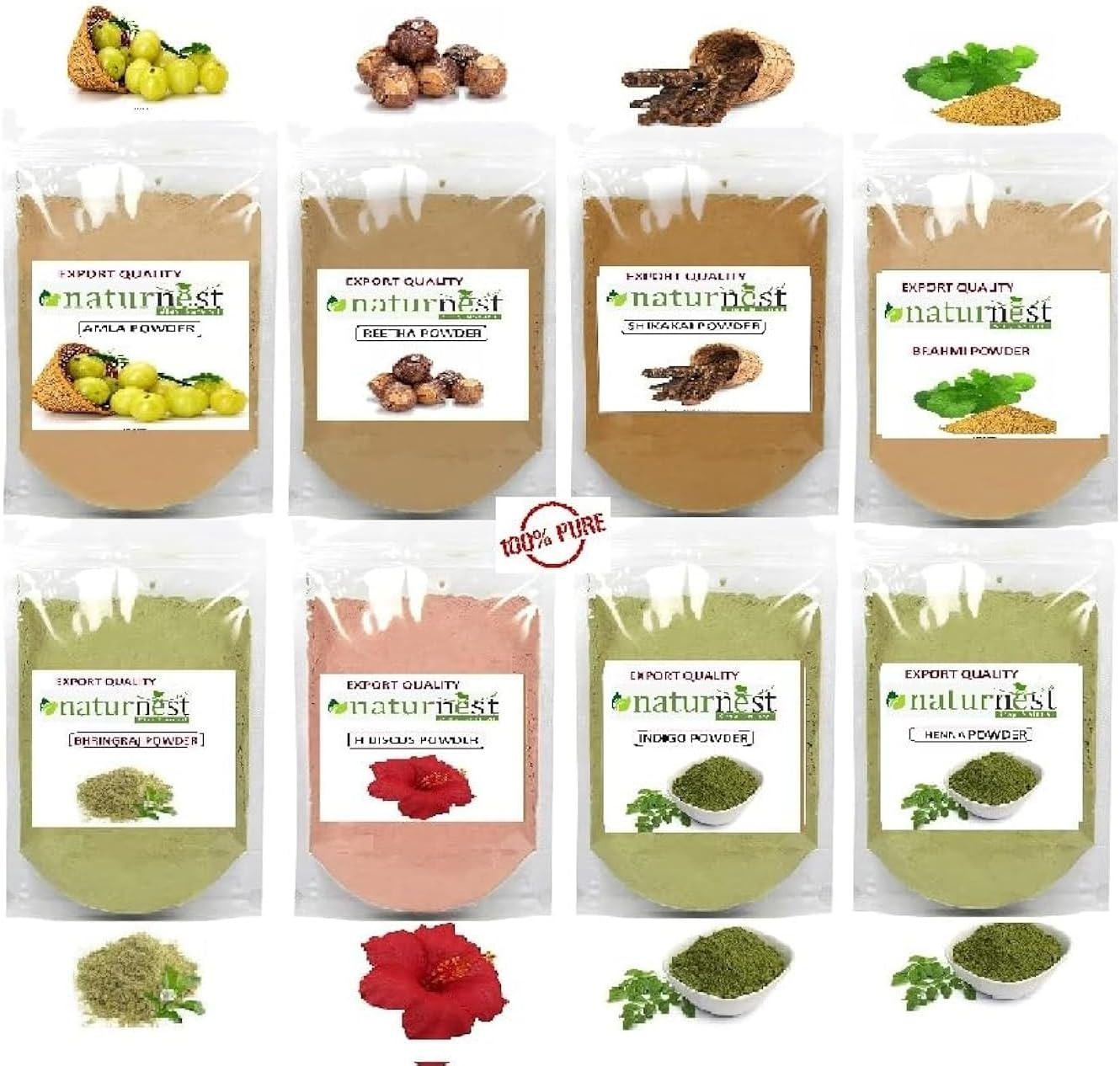 Naturenest Natural Naturenest Amla, Reetha, Shikakai, Bhringraj, Hibiscus, Brahmi, Henna And Indigo Powder Combo Powder Pack for Hair, Natural Products for Hair Growth, 50gm (Pack of 8) 400 gm