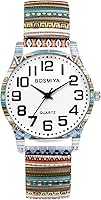OIDEA Women's Bohemia Flower Stretch Band Watch - Easy Reader Large Face Big Numbers Elastic Quartz Analog Wristwatch