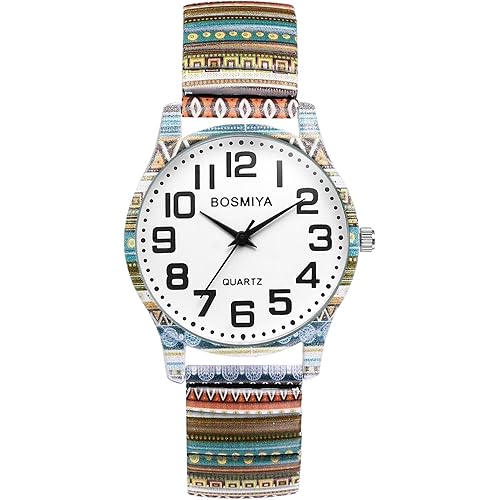 OIDEA Stretch Band Watches for Women: Bohemia Flower Easy Reader Elastic Band Watch Large Face Big Number Analog Quartz Bracelet Watch Expansion Band Wristwatch