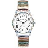 Stretch Band Watches for Women: Bohemia Flower Easy Reader Elastic Band Watch Large Face Big Number Analog Quartz Bracelet Watch Expansion Band Wristwatch