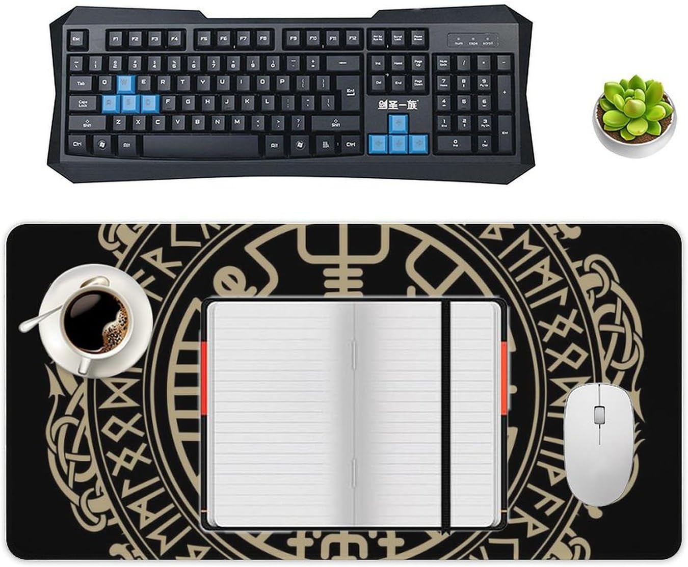 Black Celtic Viking Design Magical Runic Compass Vegvisir in The Circle of Norse Runes and Dragons Tattoo Decorative Fashionable Anti Slip Table Mat, Waterproof Mouse Protection Pad 30x60cm