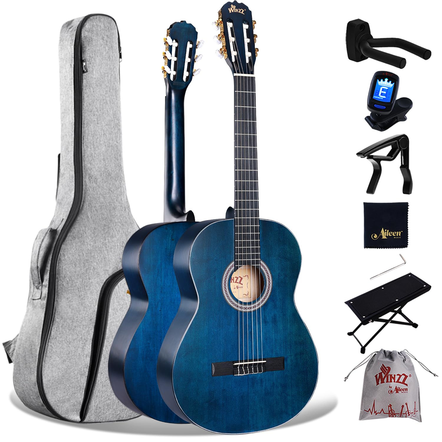 Winzz Gitara koncertowa 4/4 dla dorosłych, gitara klasyczna dla początkujących, 39 cali (niebieska vintage)
