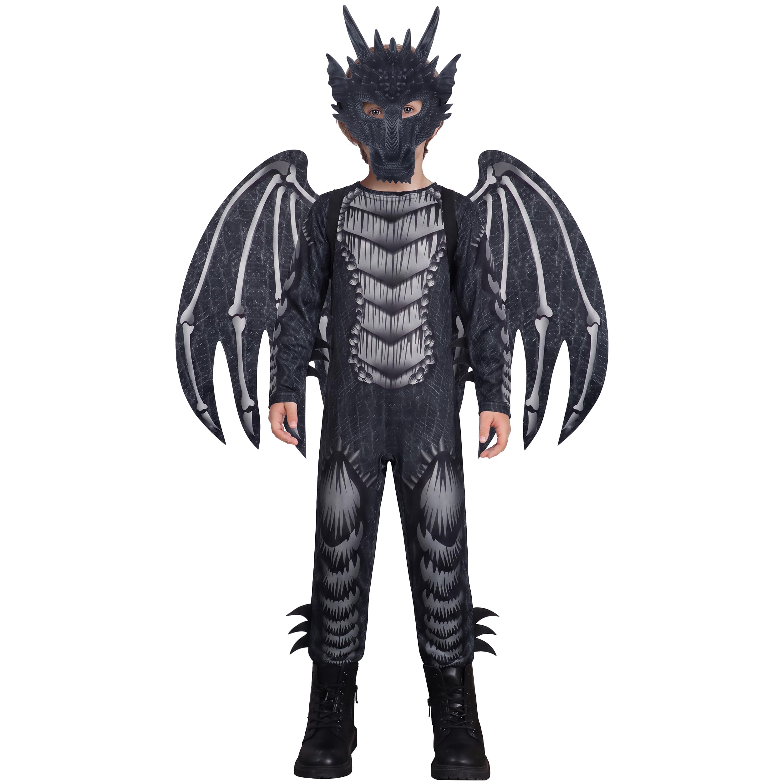 IKALI Kids Dragon Costume, 3 Pcs Boys Jumpsuit with Wings Mask Animal Fancy Dress Outfit for Boy Halloween Party Black 3-4 Years