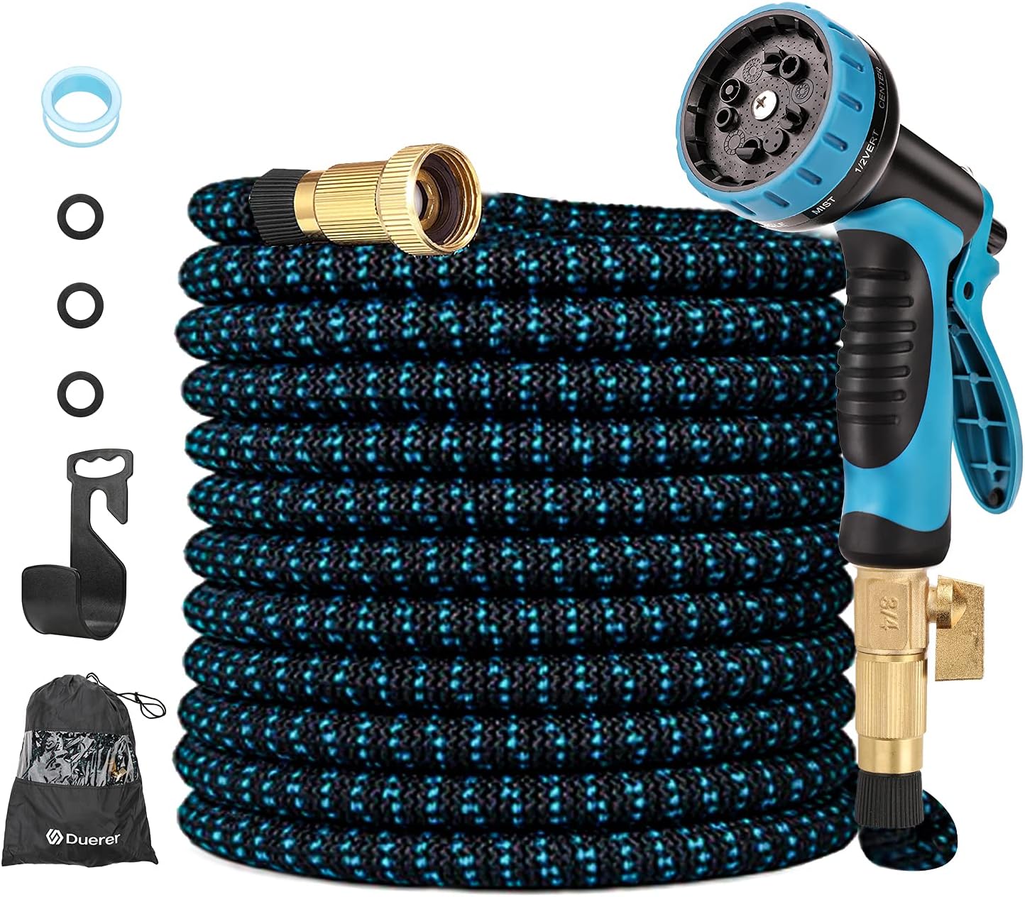 Duerer Expandable Garden Hose 100ft Flexible Water Hose with 10 Function Spray Nozzle, 3/4" Solid Brass Fittings, Leakproof Lightweight Easy Storage Not Kink for Car Wash Garden Hose Pipe