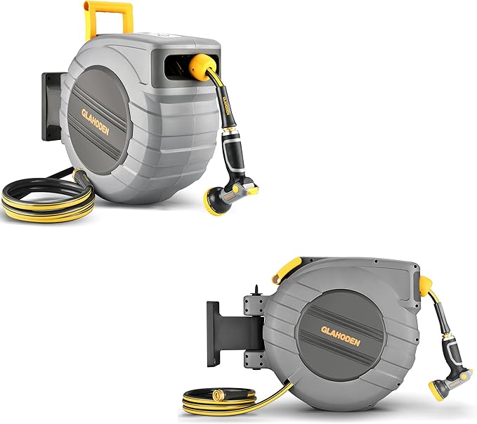 GLAHODEN 5/8" 65ft & 100ft Retractable Garden Hose Reel