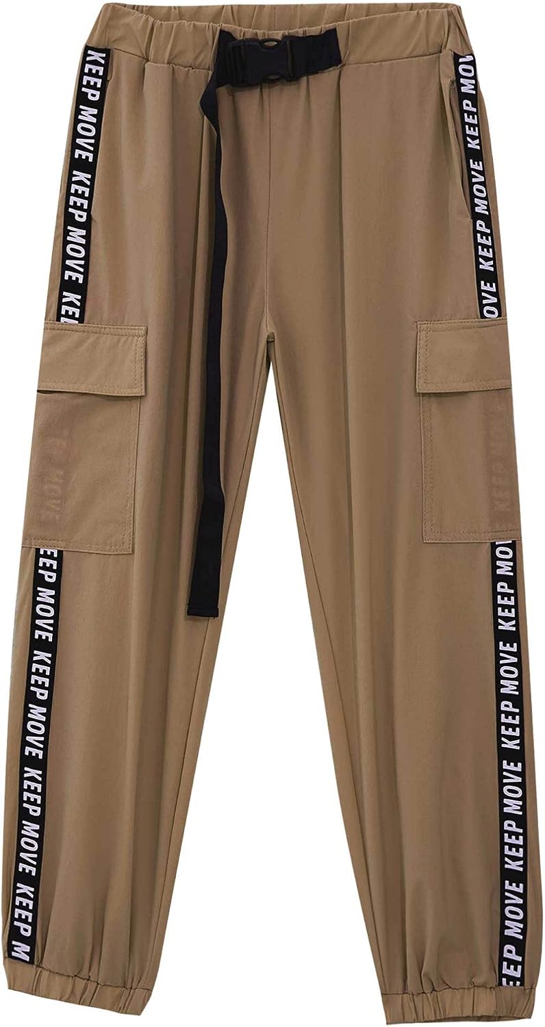 Agoky Kids Girls Dungarees Cargo Pants Elastic Waist Pure Color Sport Hip Hop Dance Sweatpants with Pocket Belt Set