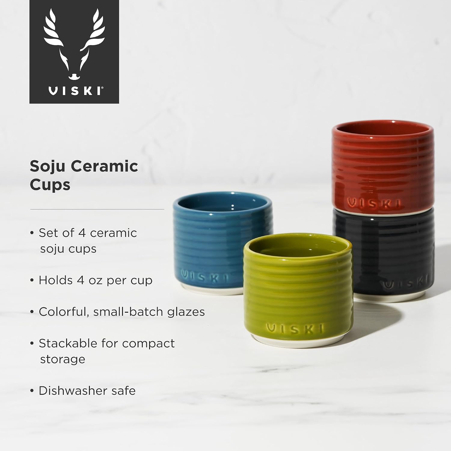 Viski Ceramic Soju Cups – Set of 4 Stacking Glasses – 4 oz Capacity Each – Colorful Modern Design – Perfect for Serving Korean Soju, Sake, and More – Set of 4