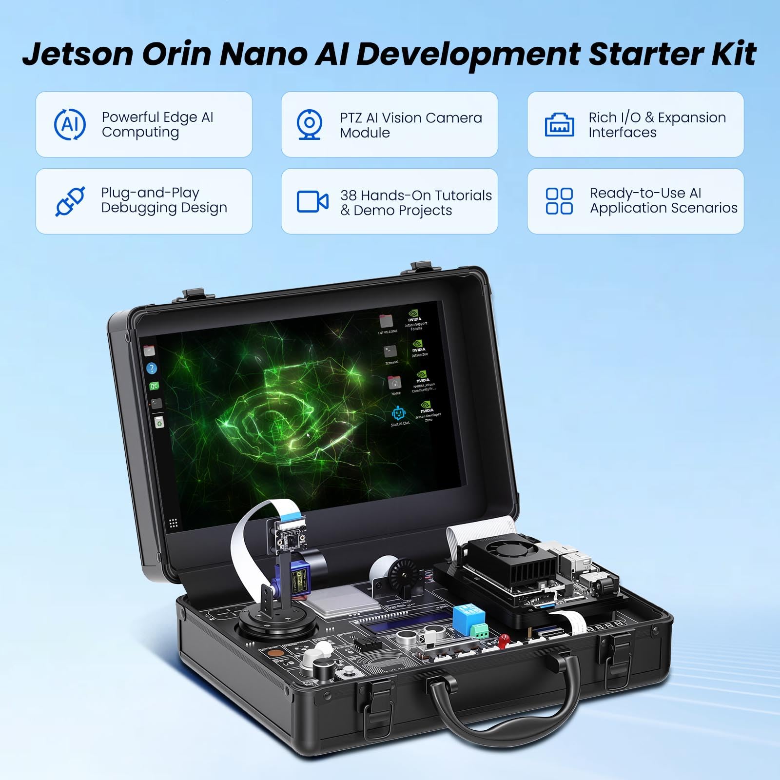 AI Starter Kit for Jetson Orin Nano, 30 Sensors No Soldering Board, 8MP IMX219 Gimbal Camera, 11.6" IPS Screen, 38 Python Tutorials with AI Voice Interaction (Without Jetson Orin Nano Board) - 2