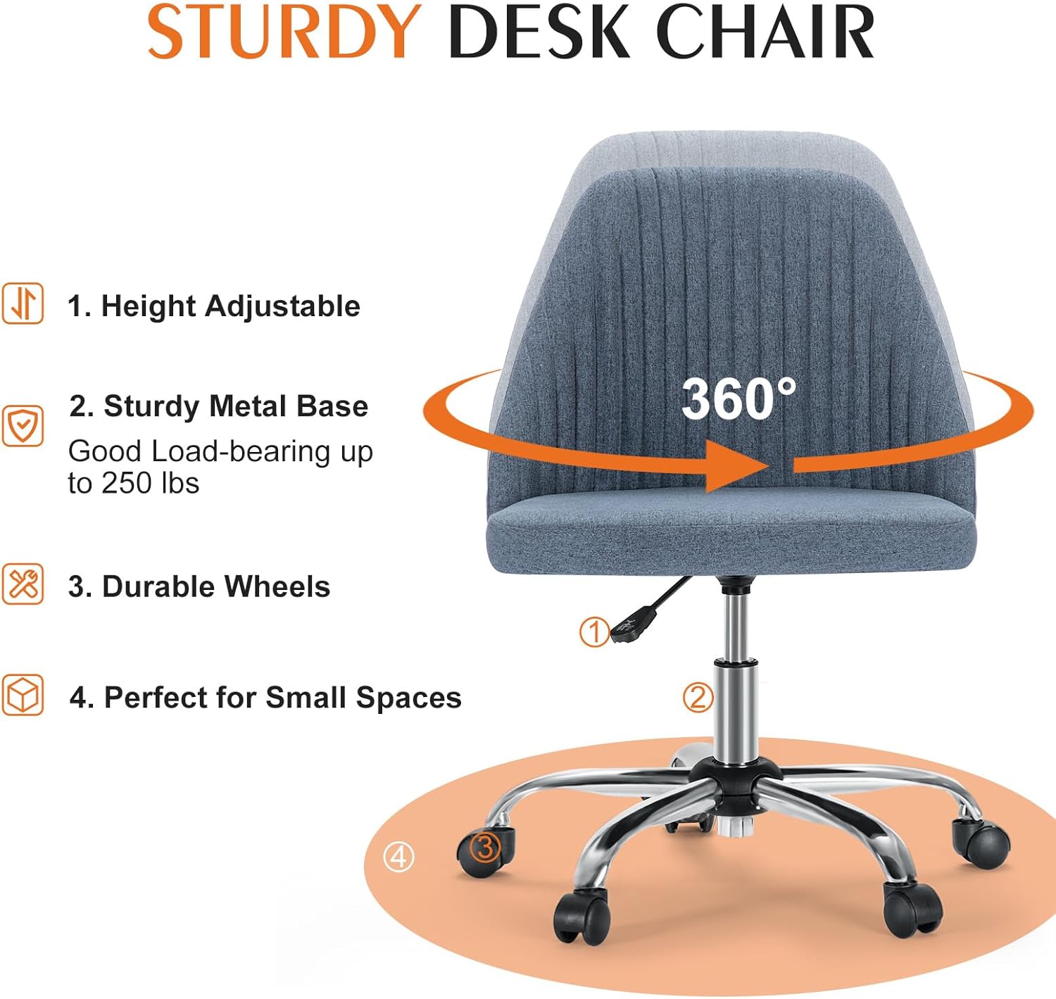 Sweetcrispy Armless Vanity Chair, Cute Comfy Home Office Desk Chair with Wheels, Modern Upholstered Task Computer Seat for Bedroom, Study, Makeup Vanity, Height Adjustable & Swivel, Blue