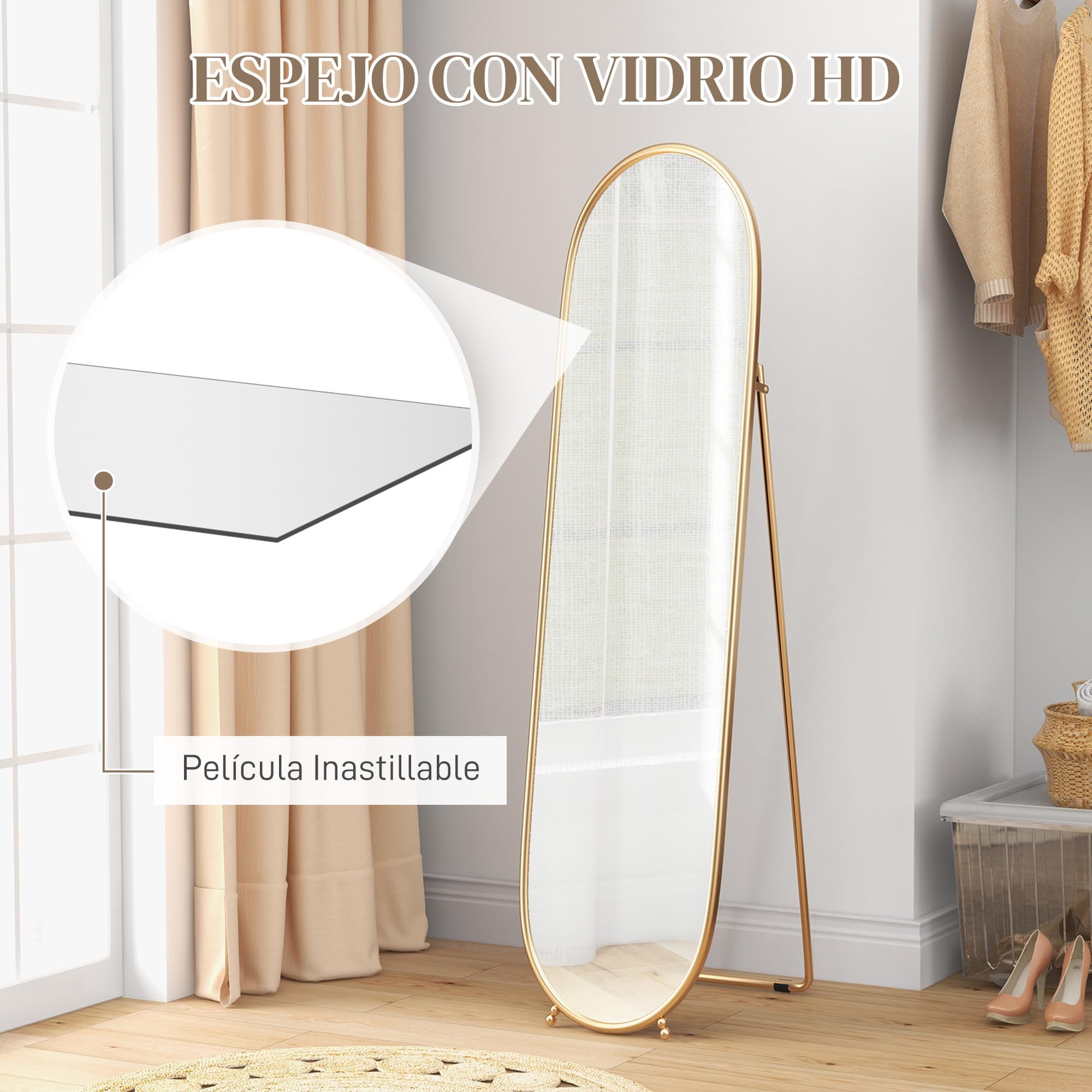 HOMCOM Espejo de Pie Cuerpo Entero Ovalado 160x40 cm, Espejo de Cuerpo Entero con Soporte, 2 Formas de Uso, Independiente y Apoyado, para Salón, Entrada, Dormitorio, Vestidor, Dorado