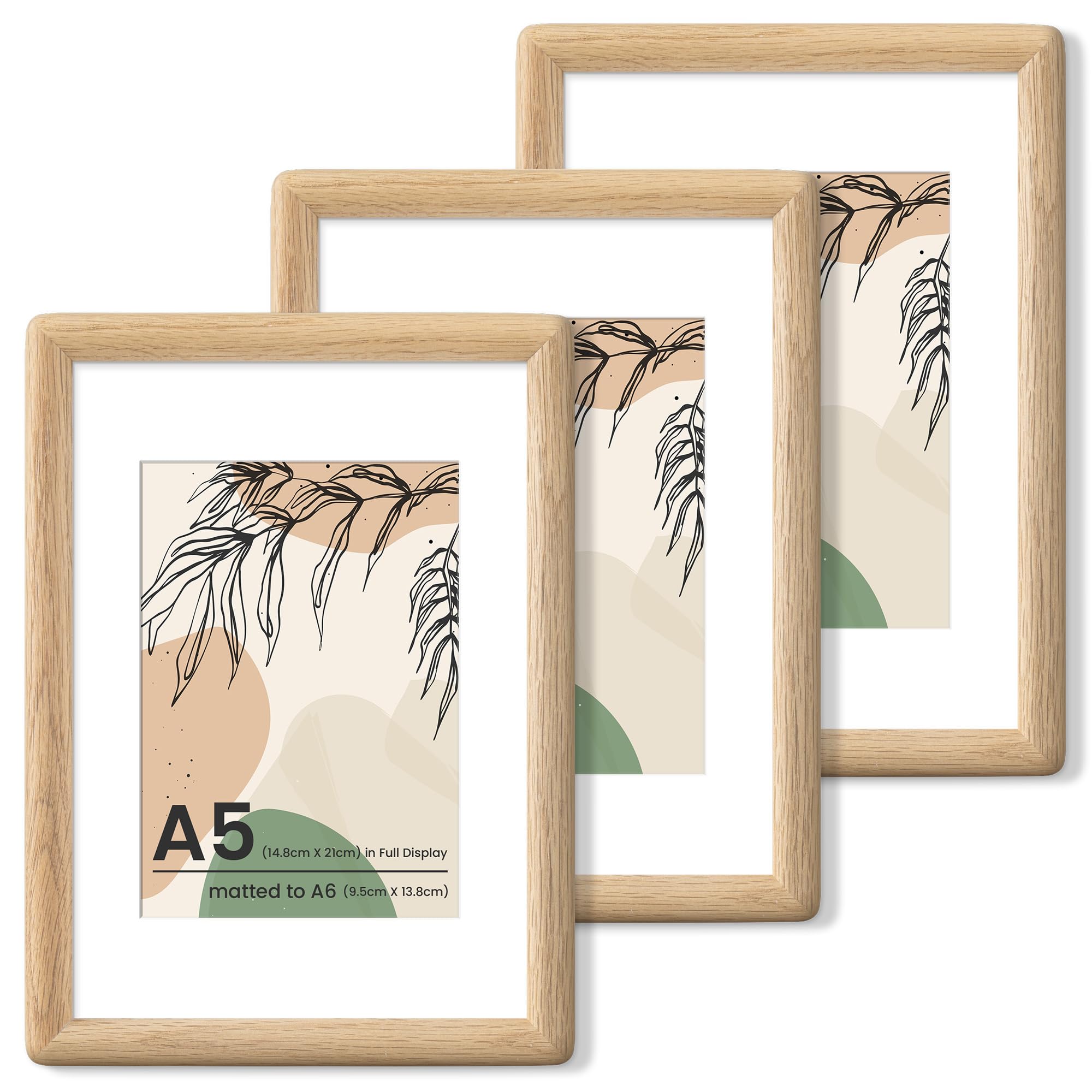 Axeman A5 Frame Set of 3, USA-Sourced Oak Wood Frame with Real Glass, Rounded Corner A5 Oak Frame with Mount for A6, Wall Hanging or Tabletop Display