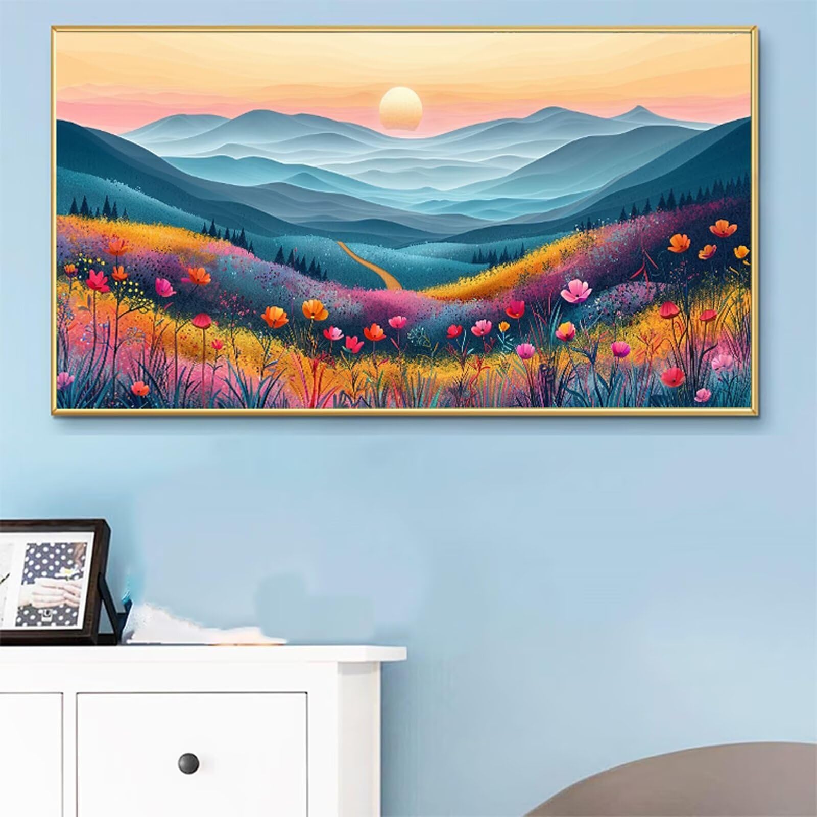 Malen Nach Zahlen XXL Berg Malen Nach Zahlen Erwachsene Mohn 60x120cm, Ohne Rahmen, DIY Paint by Numbers Set mit Acrylfarben und Pinseln, Knitterfreie Leinwand, Zimmer Deko, Geschenk für Frauen RB-424