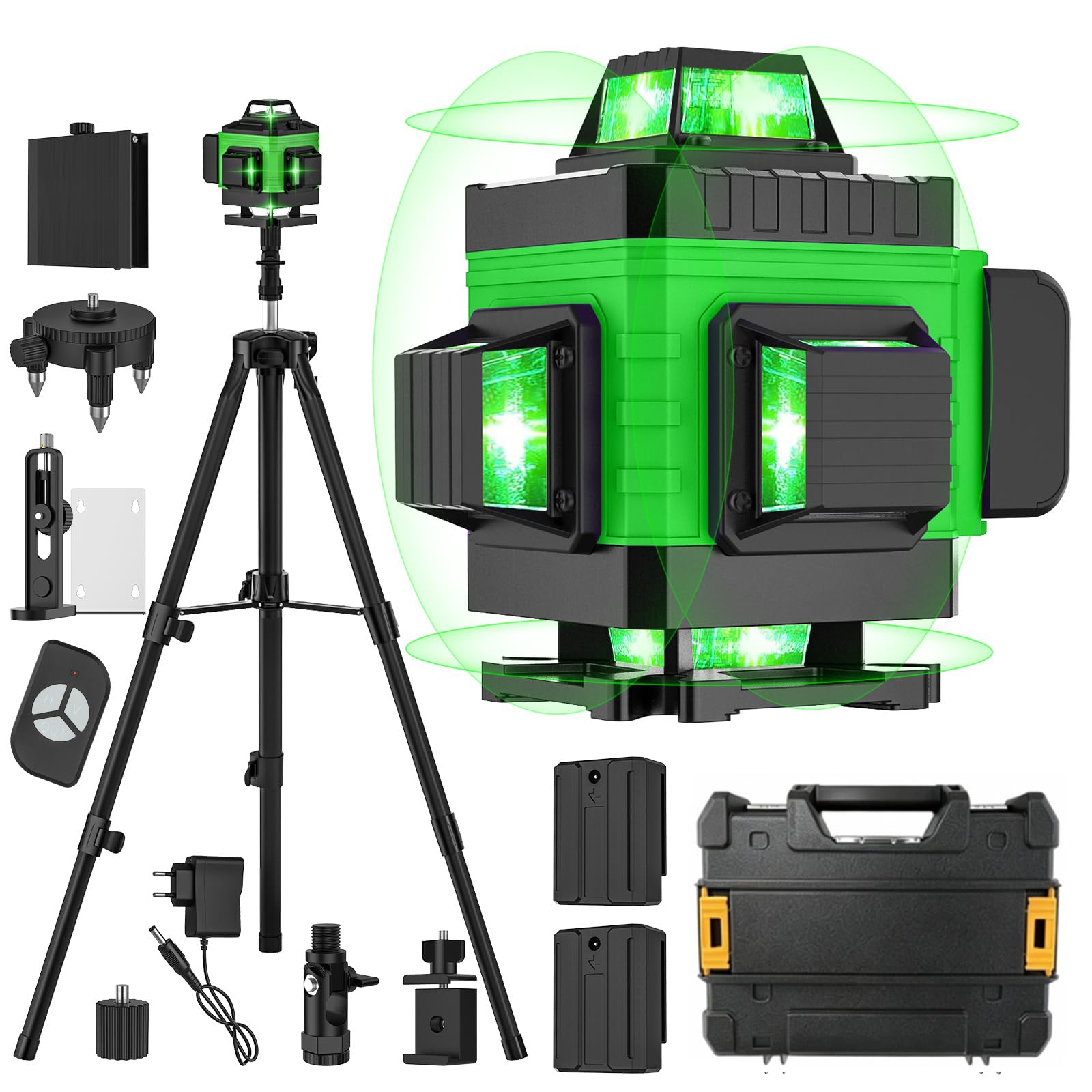 Nivel Laser Autonivelante 4 X 360°, Nivel Láser con Trípode, Laser Nivel Verde 4D 16 Líneas con 2 Baterías de 2400mAh, Base Magnético, Bolsa Portátil, IP54 Impermeable, para Interior y Obra (Verde)