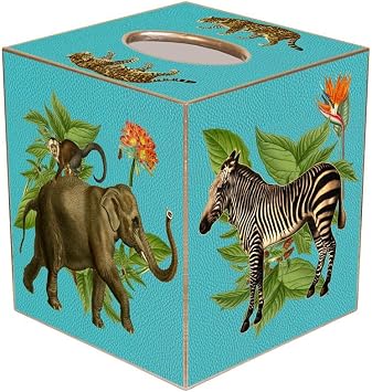 Turquoise Vintage African Animals and Plants Papier Mache Tissue Box Cover Handmade in The USA