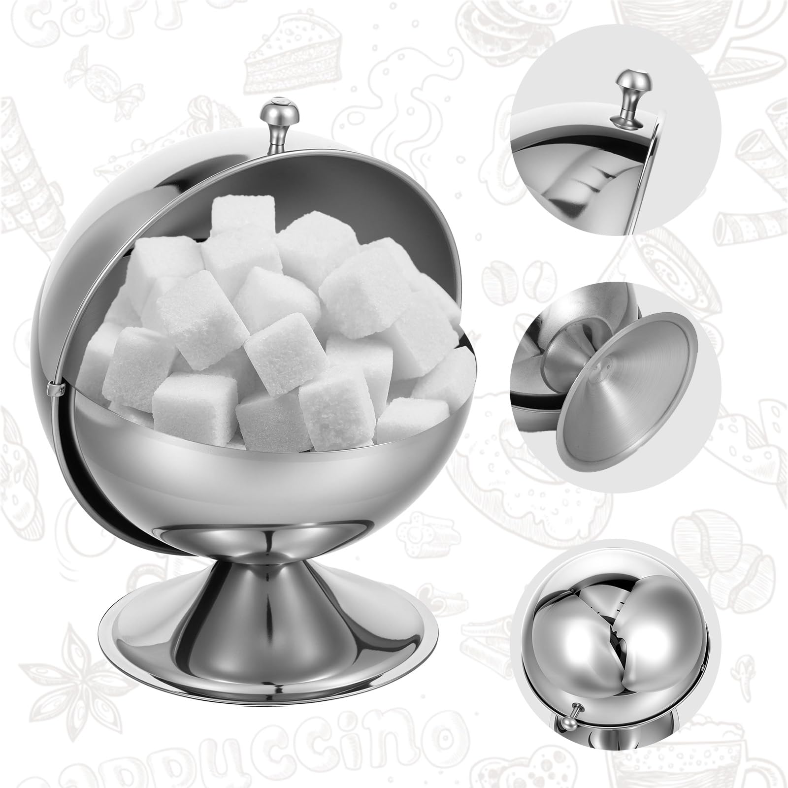 Sucrier en acier inoxydable avec couvercle enroulable - Bol à bonbons sphérique en acier inoxydable avec pince à sucre de 11,9 cm - Support de cube de sucre - Pot à bonbons - Pour la maison, la