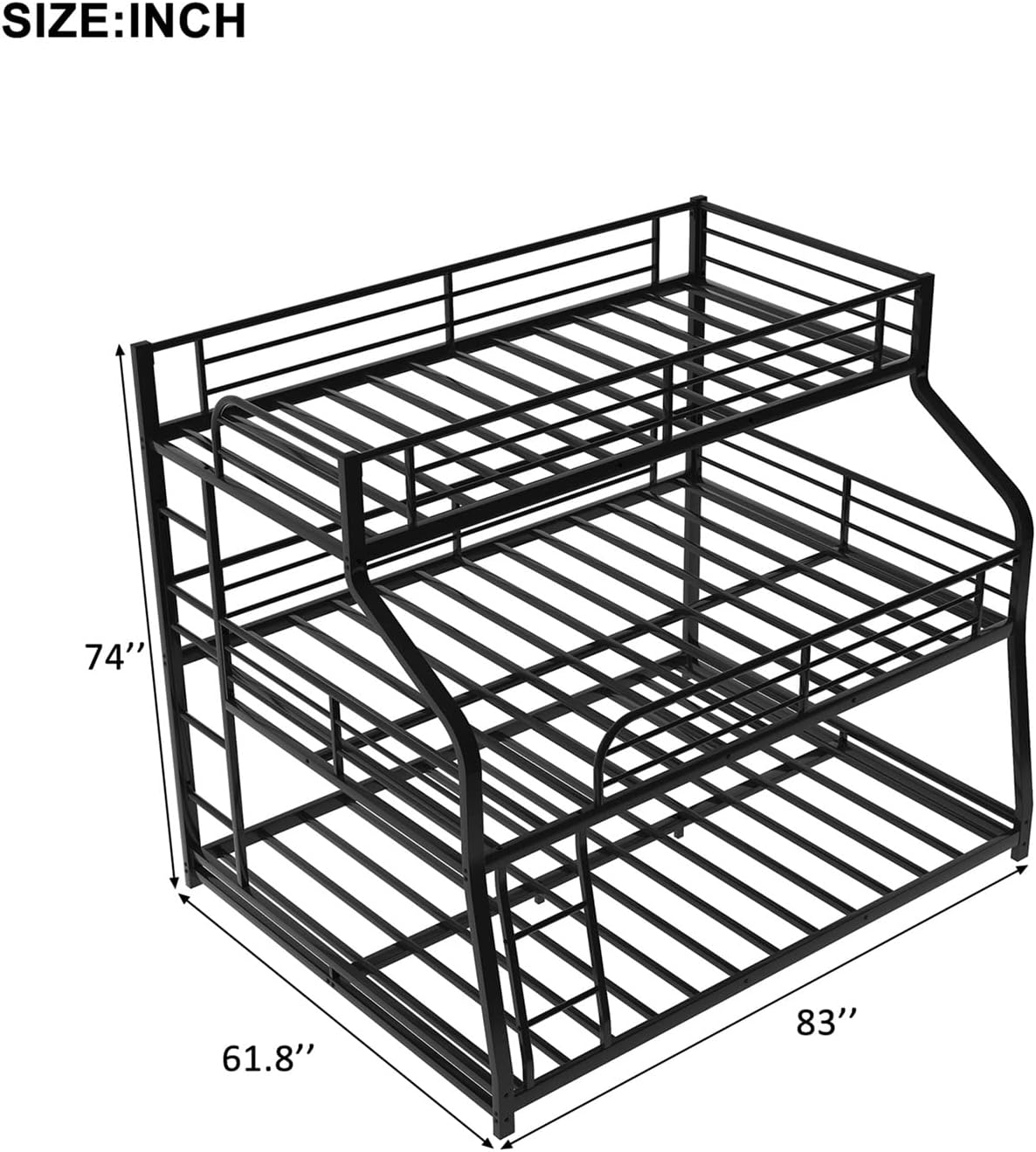 Bellemave Metal Triple Beds Twin XL Over Full XL Over Queen Bunk Bed Frame 3 Bed Bunk Beds for Kids Teens Boys Girls with 2 Ladder/Full-Length Guardrails, Black