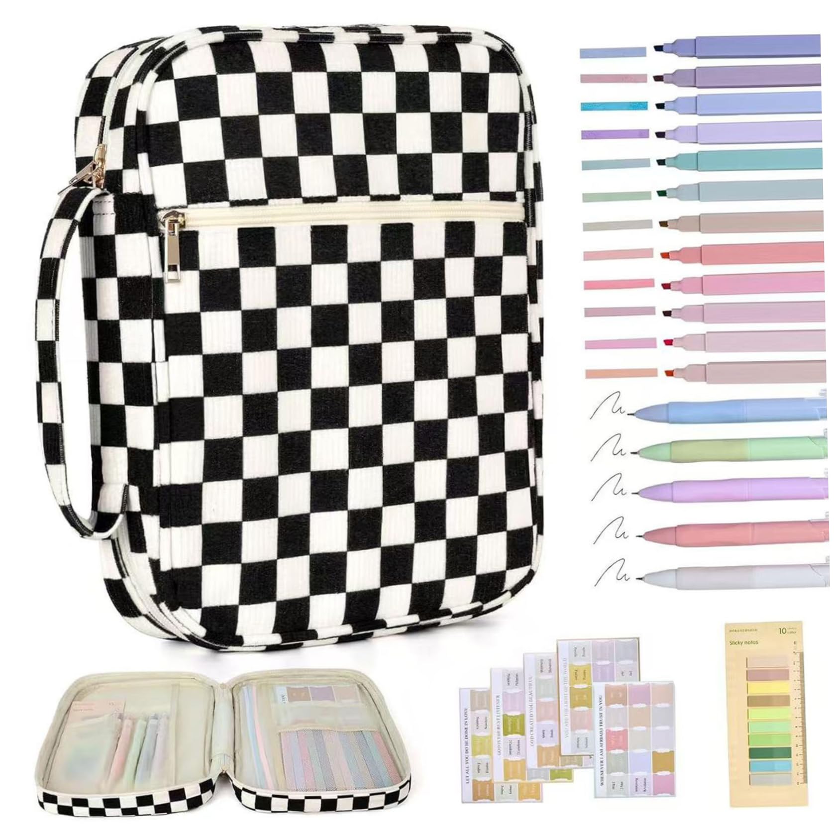 Bible Carrying Case Checkered Pattern Bible Cover Case with 75 Bibles Sticker, 200 Tabs, 5 Gel Ink Pens and 12 Highlighters for Woman Black
