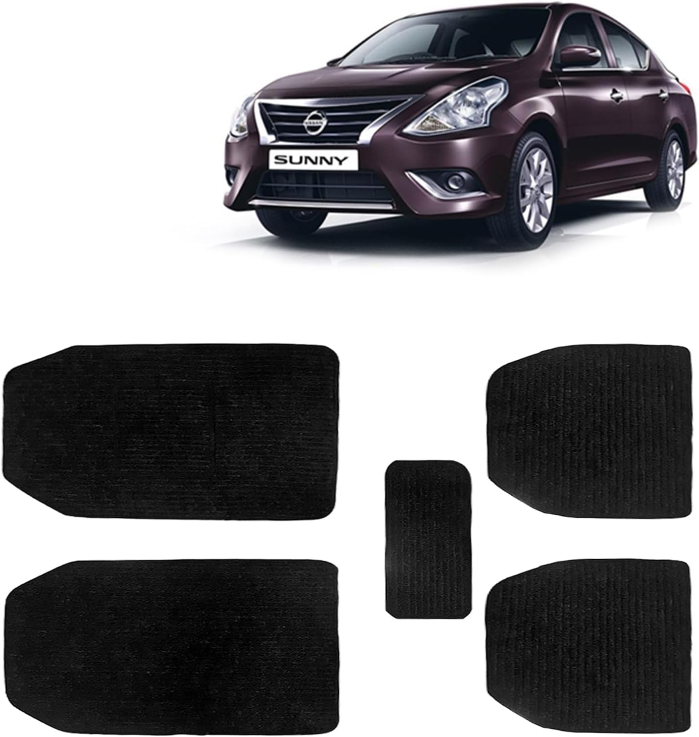 Kingsway Carpet Style Universal Car Mats for Nissan Sunny, 2014 Onwards Model, Black Color Anti Slip Car Floor Foot Mats, Complete Set of 5 Piece, Premium Series