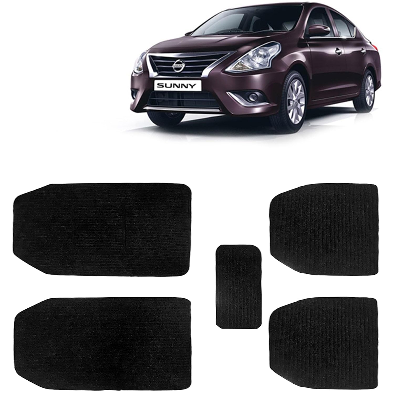 Kingsway Carpet Style Universal Car Mats for Nissan Sunny, 2014 Onwards Model, Black Color Anti Slip Car Floor Foot Mats, Complete Set of 5 Piece, Premium Series