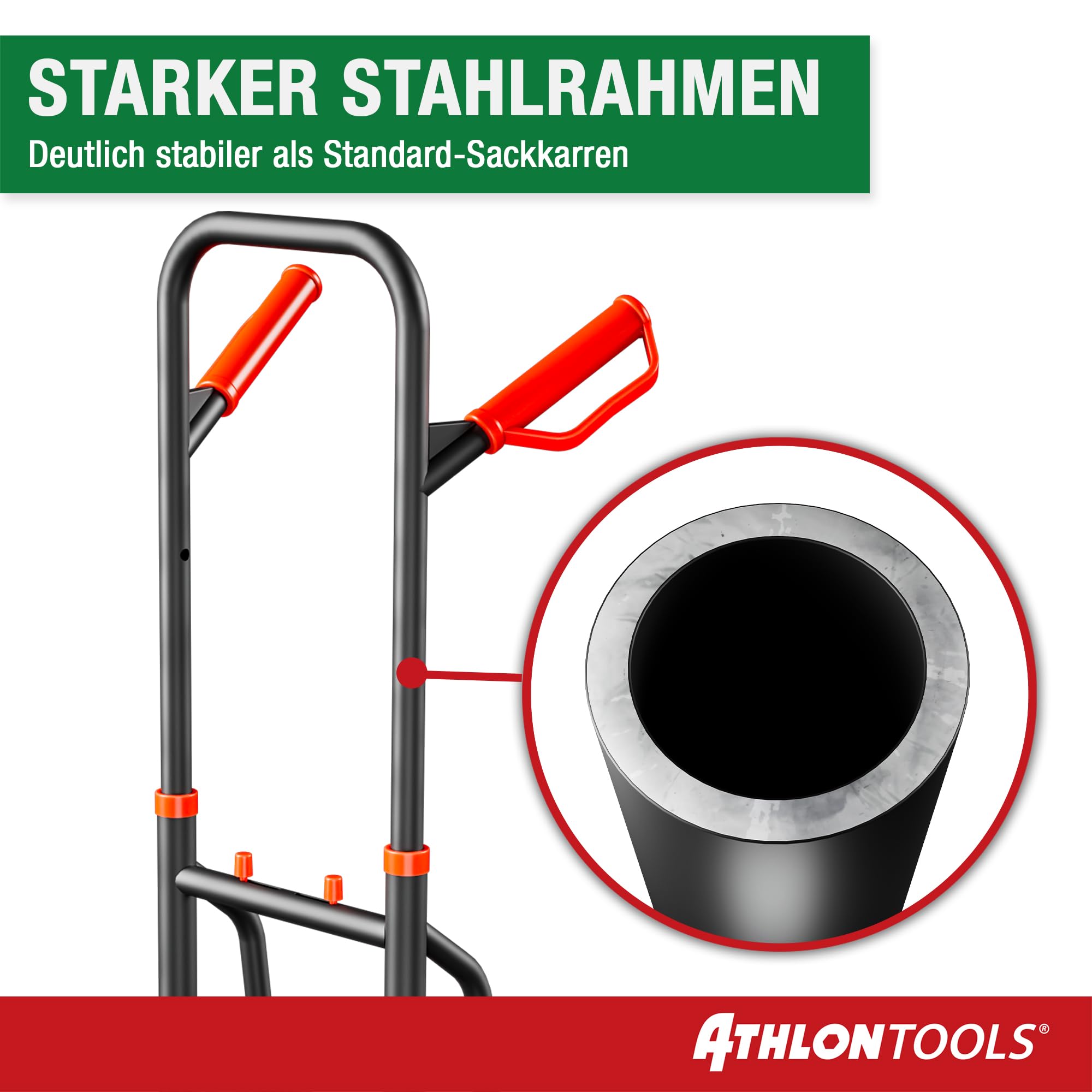 ATHLON TOOLS Schwerlast Sackkarre Vollgummireifen 200kg – Stahlrahmen mit luftgefüllten Reifen, große Räder leichtgängig & stoßarm, platzsparend zusammenklappbar