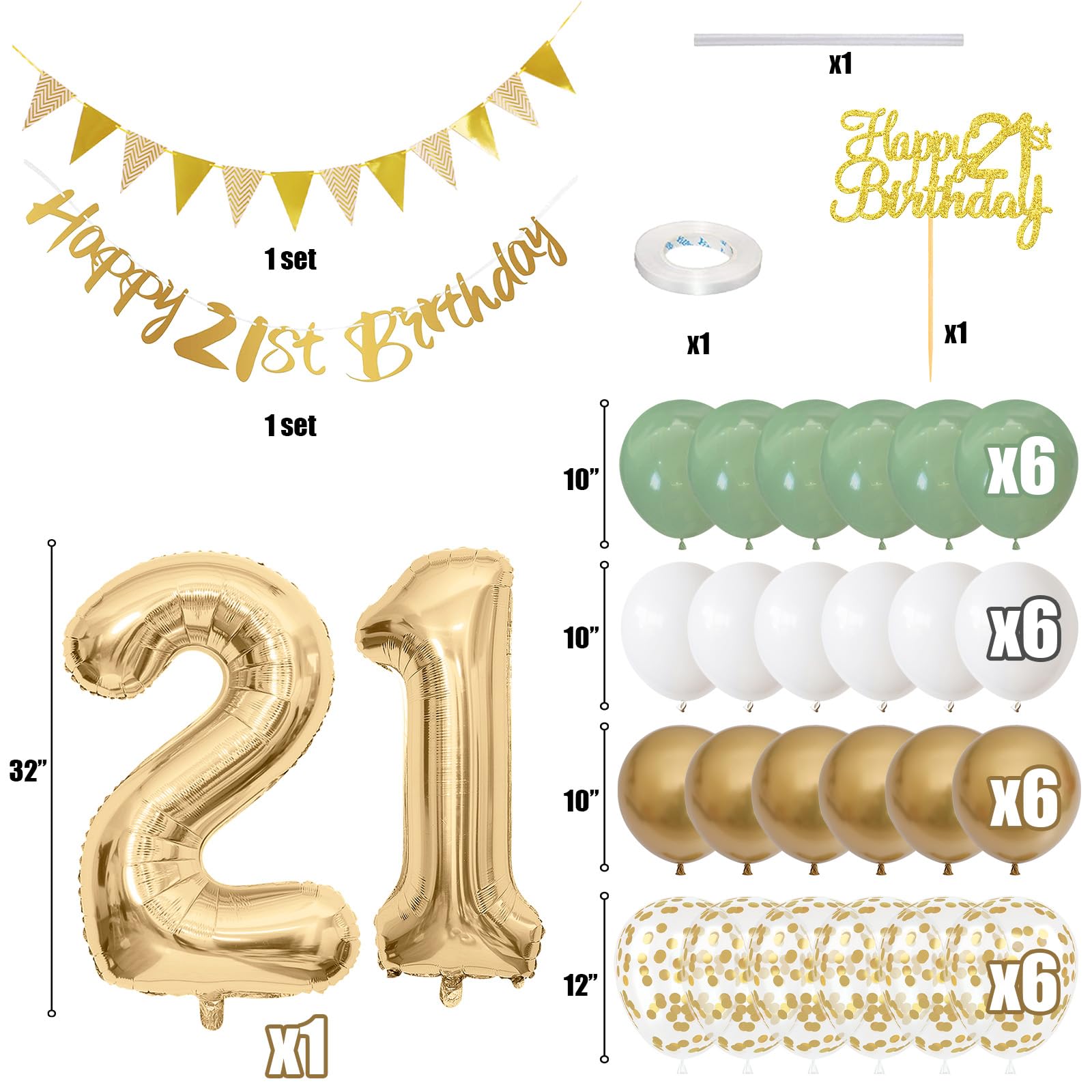21st Birthday Decorations for Him Her, Happy Banner With Cake Topper Number 21 Foil Balloon, Sage Green White Gold Balloons for Men Women 21 Year Old Party Decoration