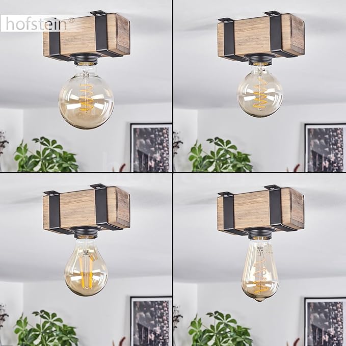 hofstein Plafondlamp Montgomery, plafondlamp van metaal/hout in zwart/natuur, lamp in industriële stijl, retro/vintage lamp met houten balk, E27 fitting. zonder gloeilampen photo 3