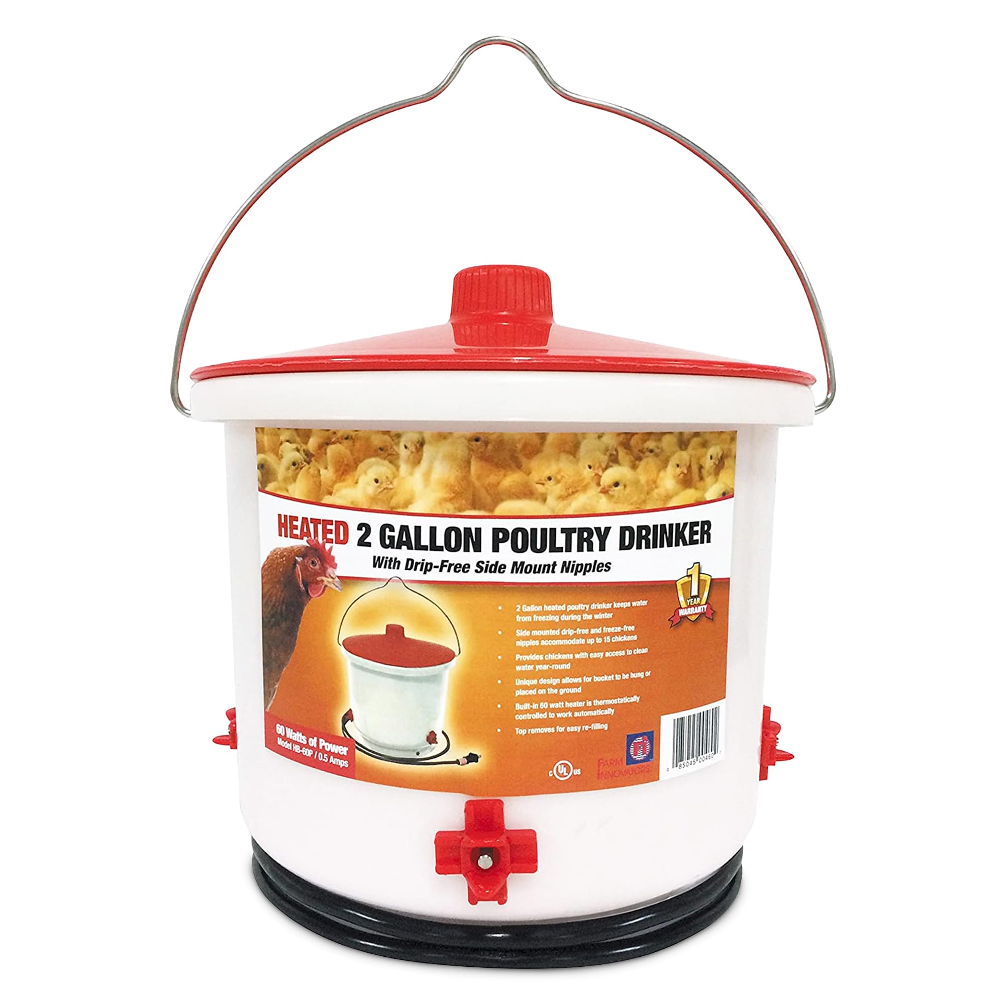 Farm Innovators Heated Waterer with Lid, 60W Hanging Water Dispenser - 2 Gallon Poultry Drinker Bucket with Red Top for Chickens, Turkeys, and Geese