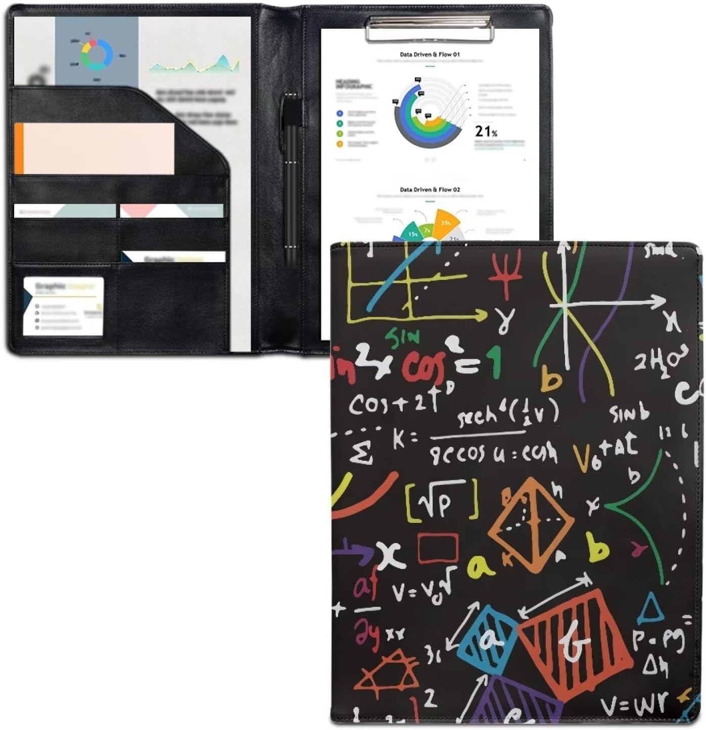 doginthehole A4 Size Padfolio Portfolio Folder Maths Design Document Organizer PU Leather Portfolio Binder with Storage Pocket for Business, Students, Office