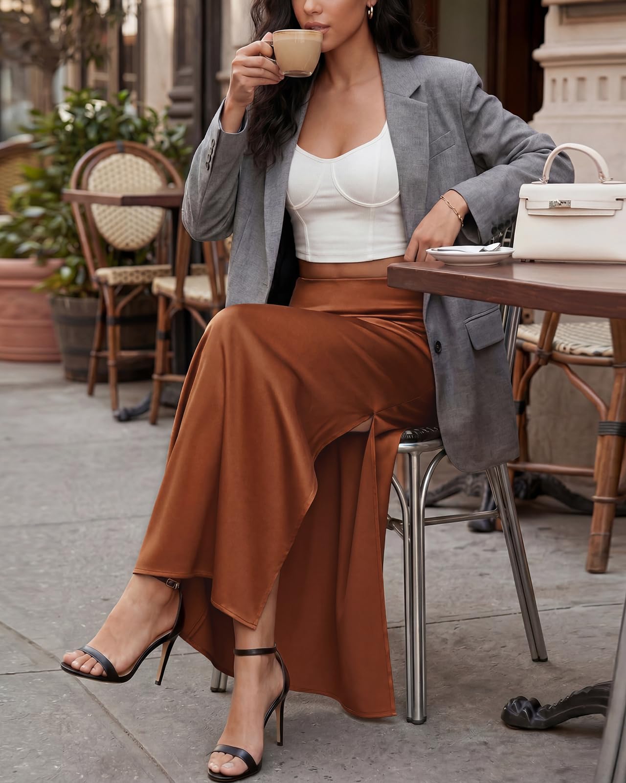 Damen-Maxirock aus Satin, hohe Taille, seitlicher Schlitz, elastischer Bund, lange Seidenröcke für Frauen